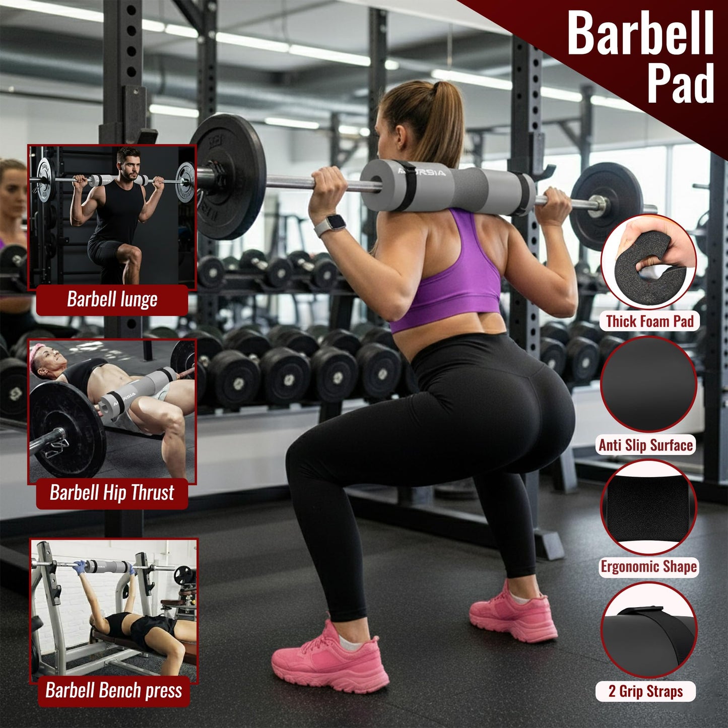 ANERSIA 10 in 1 Barbell Pad Set Grey for Squats & Hip Thrust – Barbell Pad with Resistance Bands, Lifting Straps, Ankle Straps & Barbell Clamps – Weightlifting Accessories Kit for Home Gym