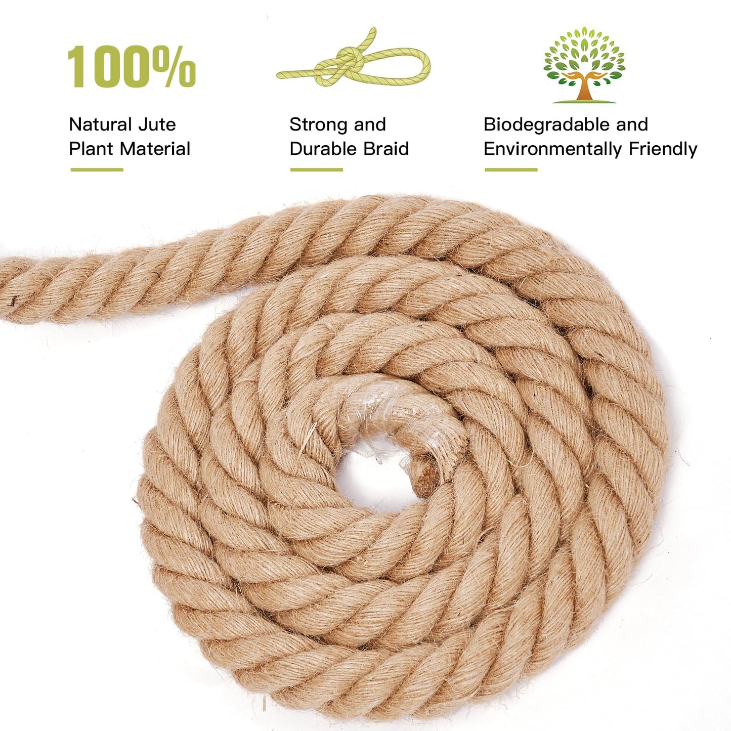 Jute Rope 1 1/2 Inch 50 Feet, Heavy Duty Natural Hemp Ropes, Twisted Hemp Rope for Crafts, Gardening, Bundling, Climbing, Hammock, Nautical, Tug of War, Railings, Home Decorating