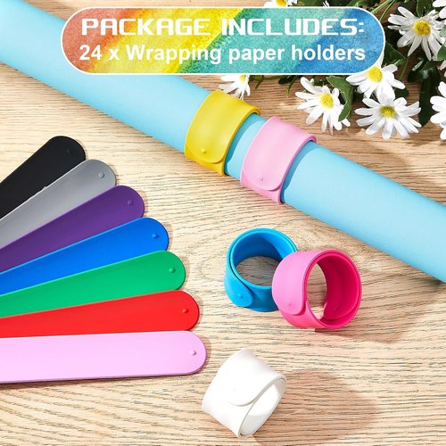 Leyndo Wrapping Paper Roll Holder Clips - 24 Silicone Snap Bands with Covered Metal Strips | 1 x 9 in for Gift Wrapping (Multi Colors)