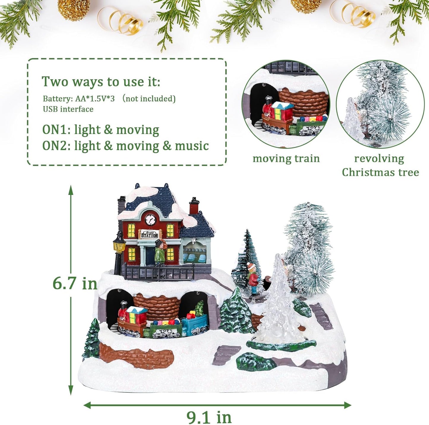 Wonder Garden Christmas Village Houses - Lighted Musical Railway Station with Moving Train & Animated Figurines for Indoor Decor
