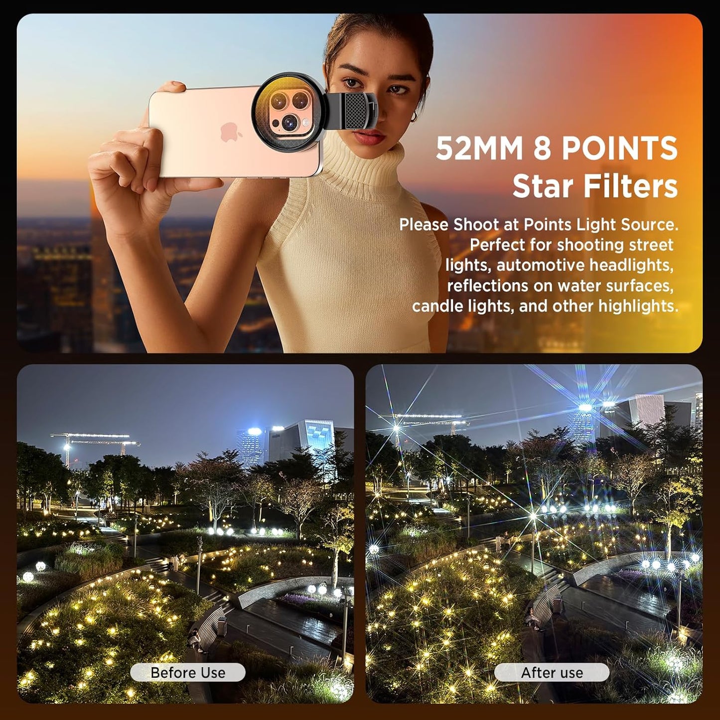 ALILUSSO 8 Filter,52mm 16/15/14/13 Points Star Rotatable Star Lens for iPhone Pro Max Moto Google Samsung TCL Phone