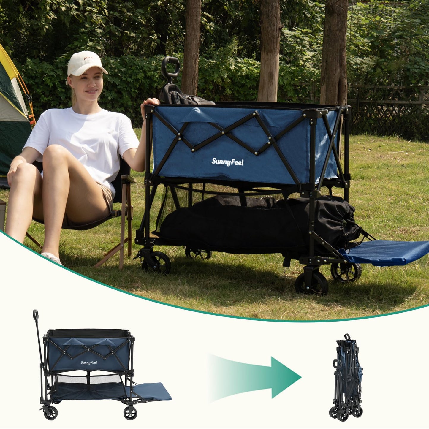 SUNNYFEEL Lightweight 47''L Double Decker Wagon for Sport, 270L Collapsible Wagon Cart,331lbs Collapsible Outdoor Utility Wagon Cart for Shopping Garden Camping,Blue-Lightweight