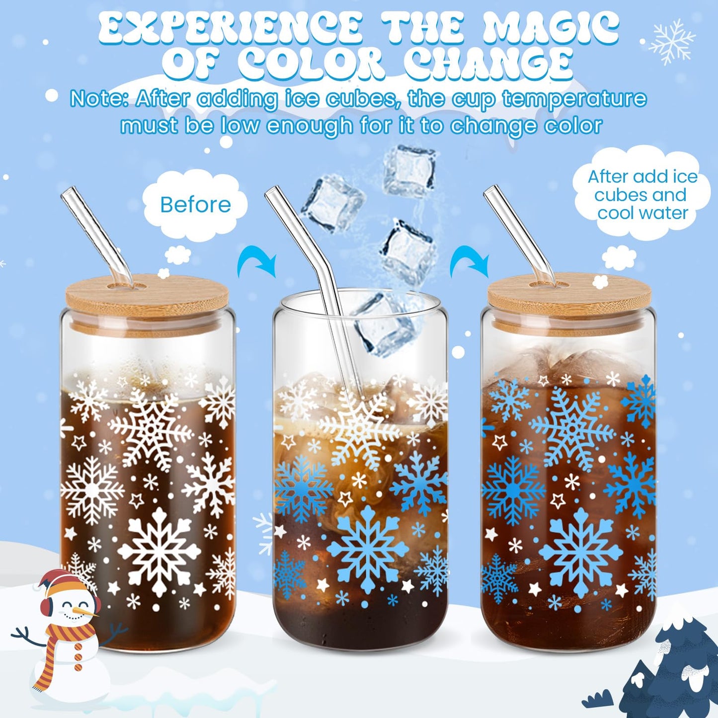 Yetene 24 Pack Snowflake Glass Cups Gifts 16 oz Color Changing Winter Glass Tumblers with Lids Straws Brushes Snowflake Lights Iced Coffee Cups for Women Men Employee Coworkers Holiday Party Favors