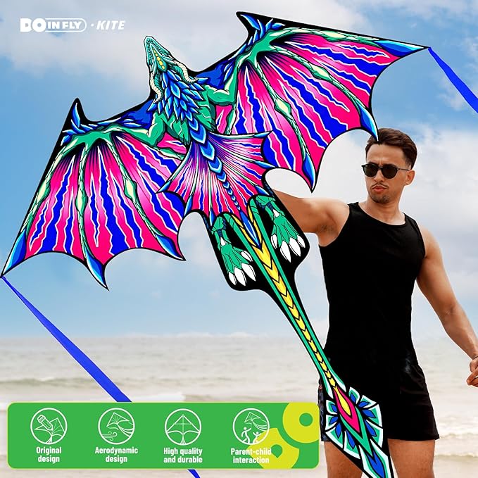 Kite- Classical Dragon Kite ，Pink Wings Dragon Kites for Kids and Adults,Easy to Fly for Beginner Easter 57.1inch x 63inch Single Line with Tail, for Family Outdoor Games and Activities