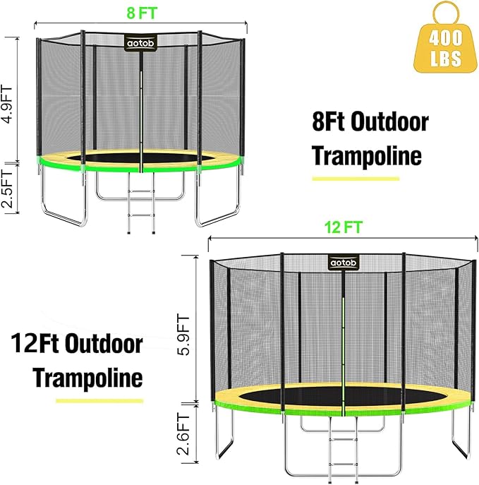 AOTOB 8FT 10FT 12FT 14 FT 15FT Trampoline with Safety Enclosure Net，Outdoor Trampoline with Basketball Hoop, Heavy Duty Jumping Mat and Spring Cover Padding for Kids and Adults, Storage Bag and Ladder