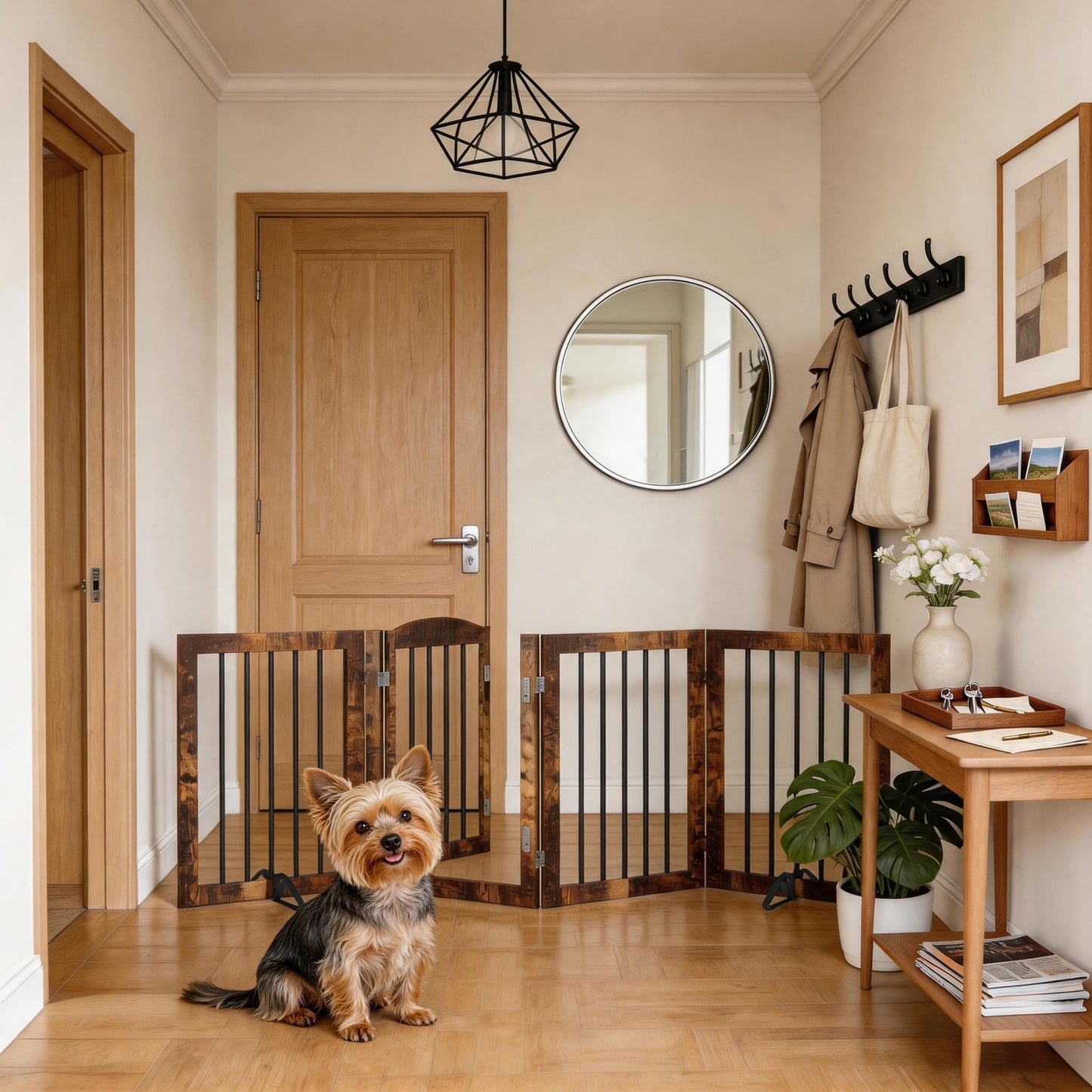 Vantas Folding Pet Gate 80" Wide, 30" Tall No-Assembly Wooden Dog Gate with Door Walk Through, Freestanding Puppy Safety Fence, with 2PCS Support - Rustic Brown