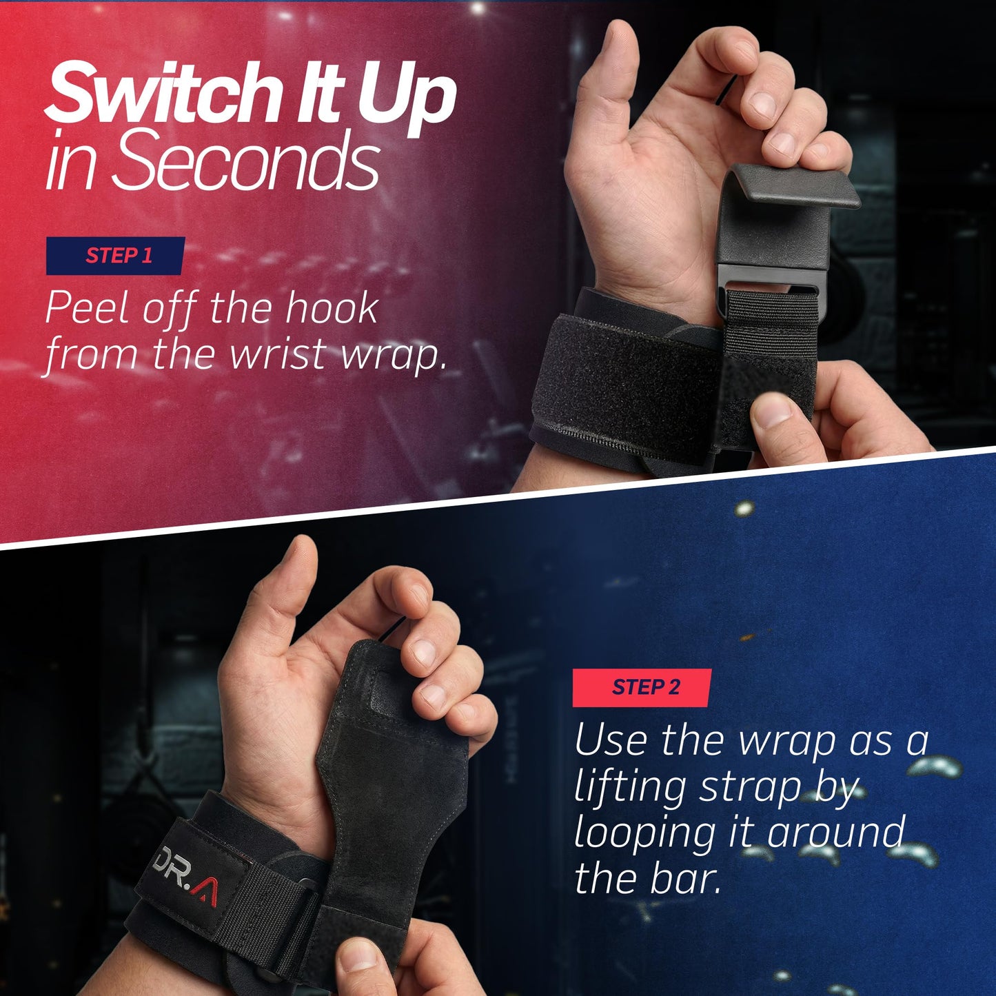 Doctor Developed 3-in-1 Lifting Straps, Hooks & Wrist Wraps - Switch Between Modes in Seconds - Heavy Duty Grips for Deadlifts, Pull-Ups, Shrugs, Rows, Bench Press & Squats (Pair, Black)