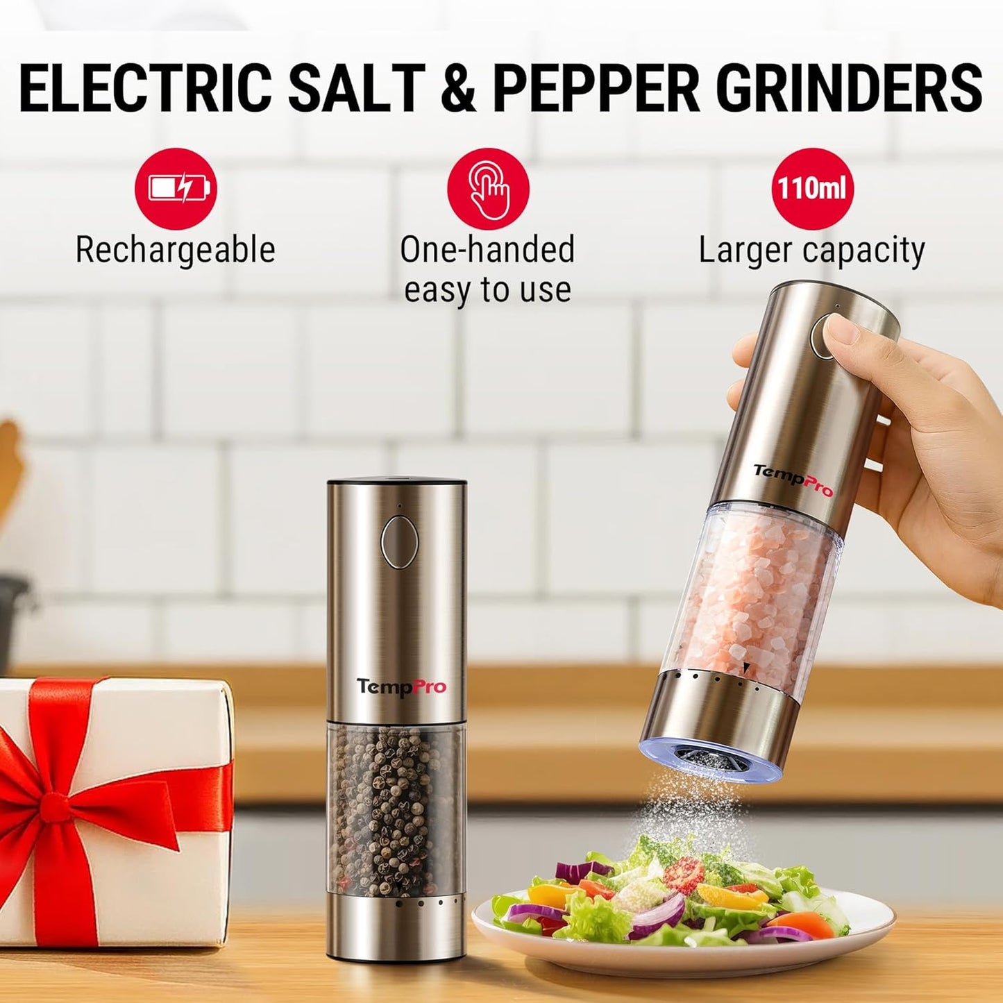 TempPro Electric Salt and Pepper Grinder Set - Rechargeable Automatic Mill with LED | 100ml, 2-Pack