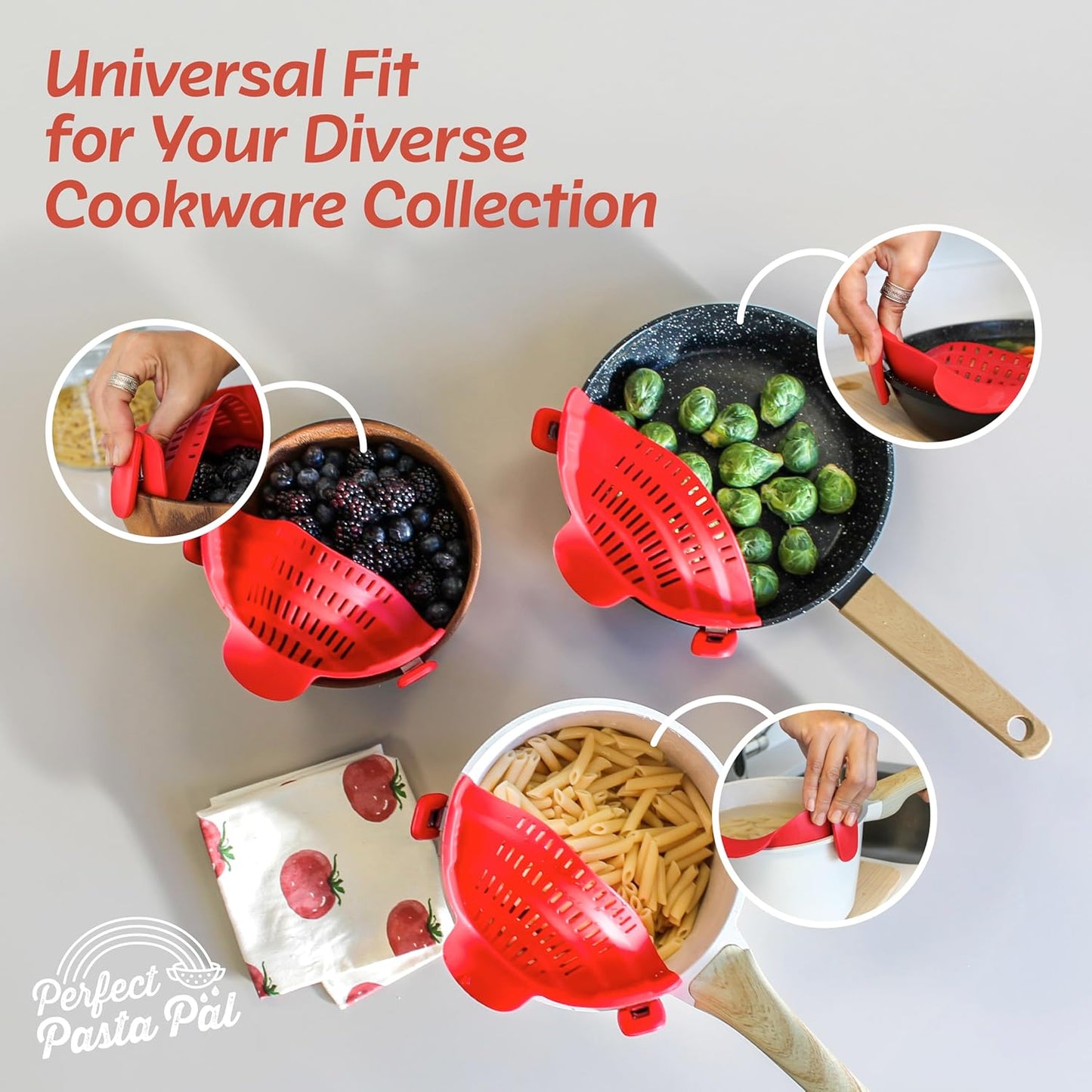 Perfect Pasta Pal Clip-On Strainer - Heat Resistant Silicone Colander | Space-Saving Kitchen Essential