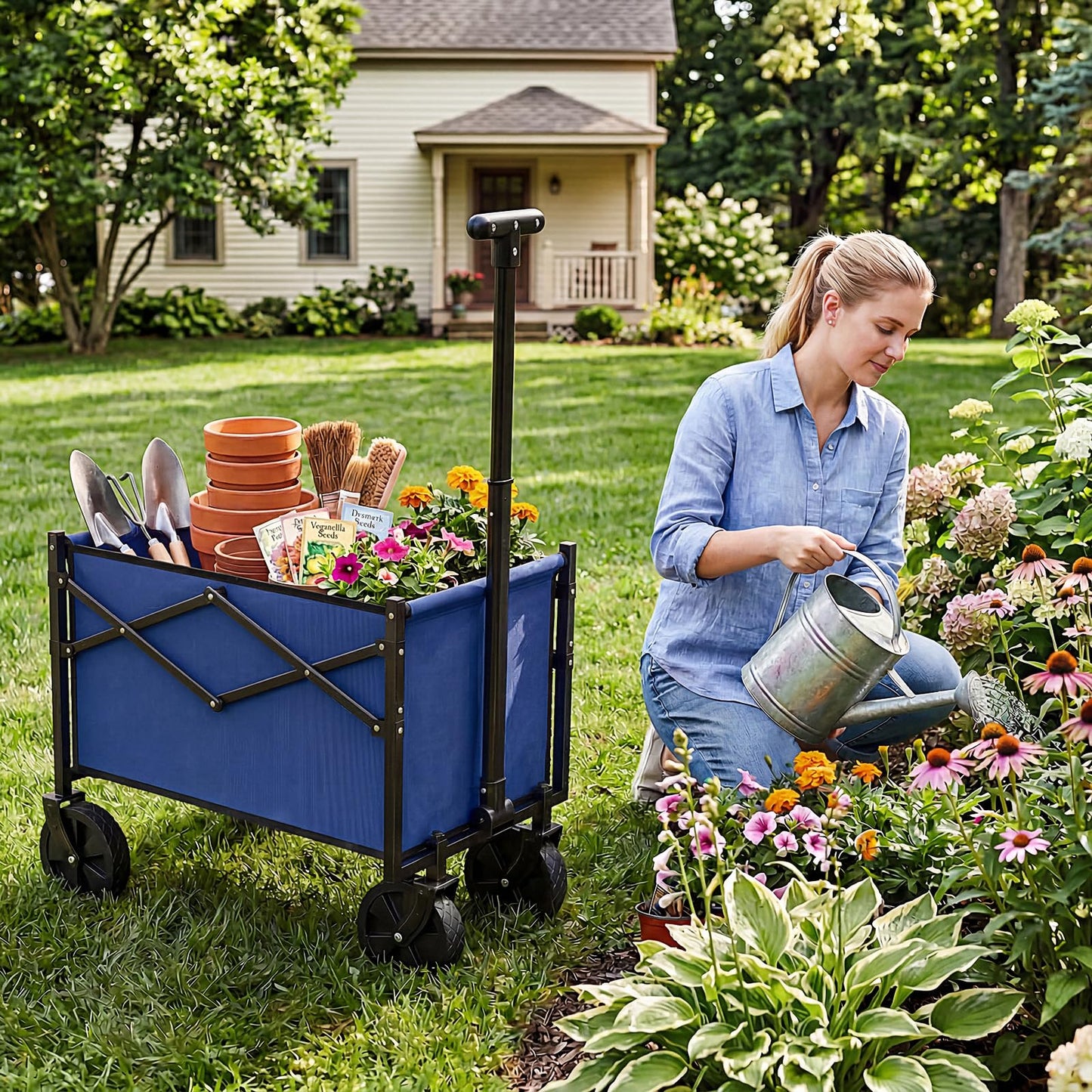 NEWBULIG Collapsible Wagon with All-Terrain Wheels, 220 LBS Folding Utility Cart, Lightweight & Heavy Duty Portable Wagon for Groceries, Beach, Camping & Garden, Blue