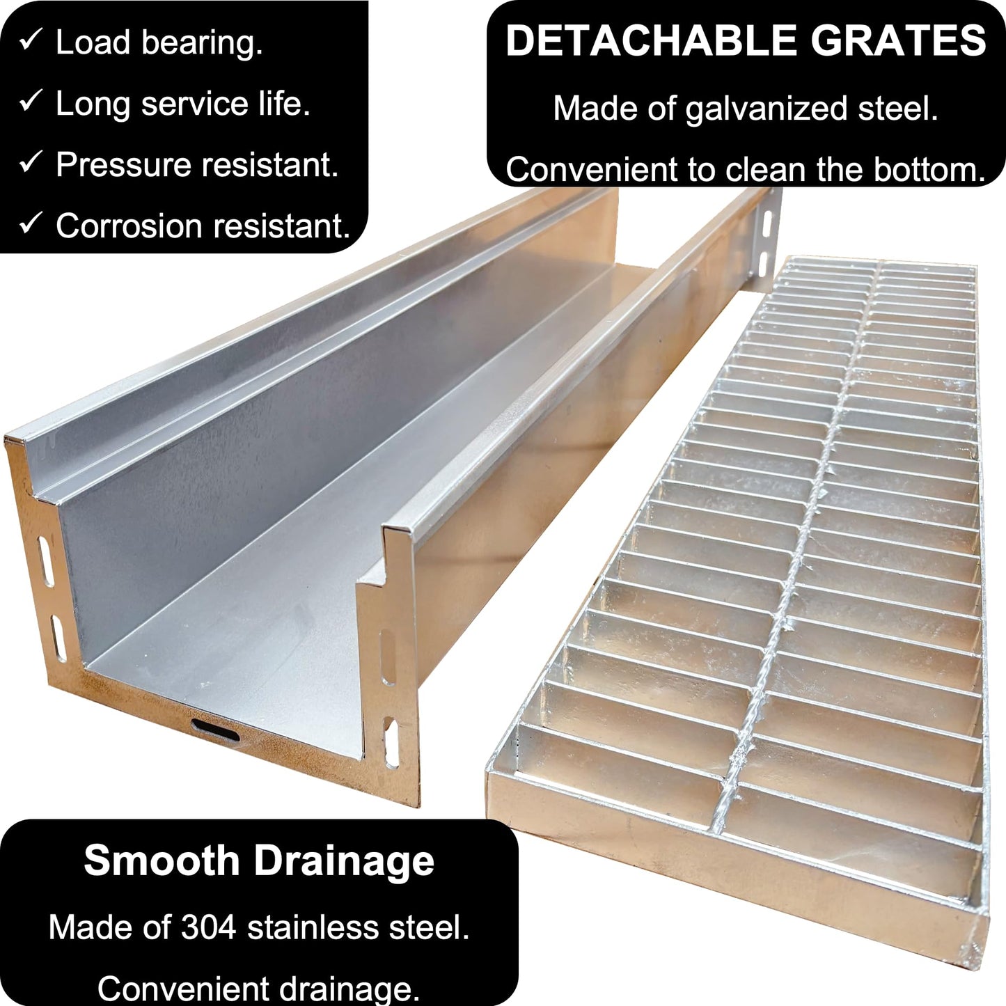 MASSLUNT 304 Stainless Steel Channel Drain with Galvanized Steel Grate 39.4x9x6 in, B-Class 28100 lbs Heavy-Duty Drain Kit for 3" Pipe, Trench Drainage System for Outdoor, Driveway, Garage, Yard