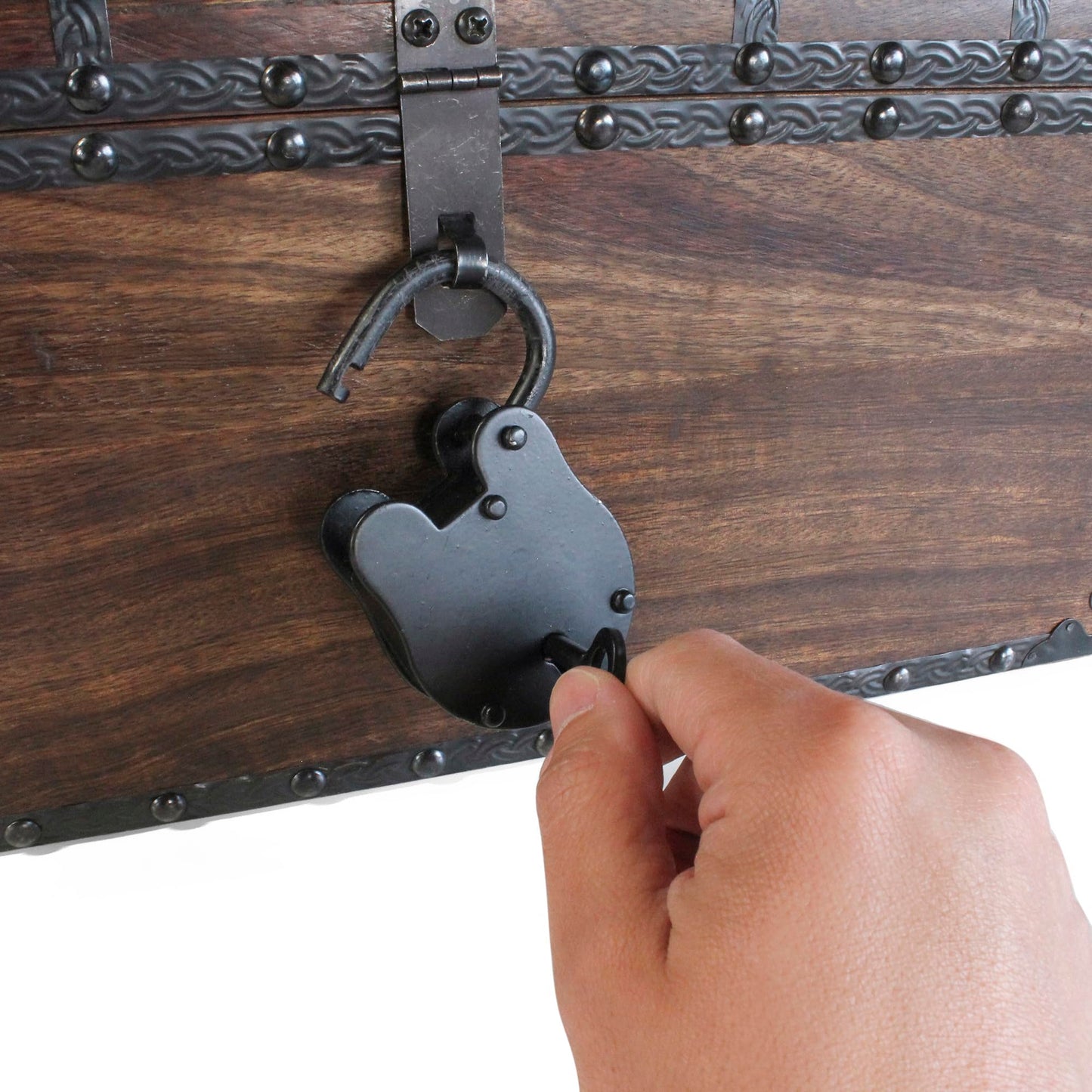 Nautical Cove Wood Treasure Chest with Decorative Rivets and Reinforcing Iron Strips with Lock and Skeleton Keys (Dark Antique, X-Large 16x12x12) – Wooden Keepsake Box, Pirate Decor, Storage Chest