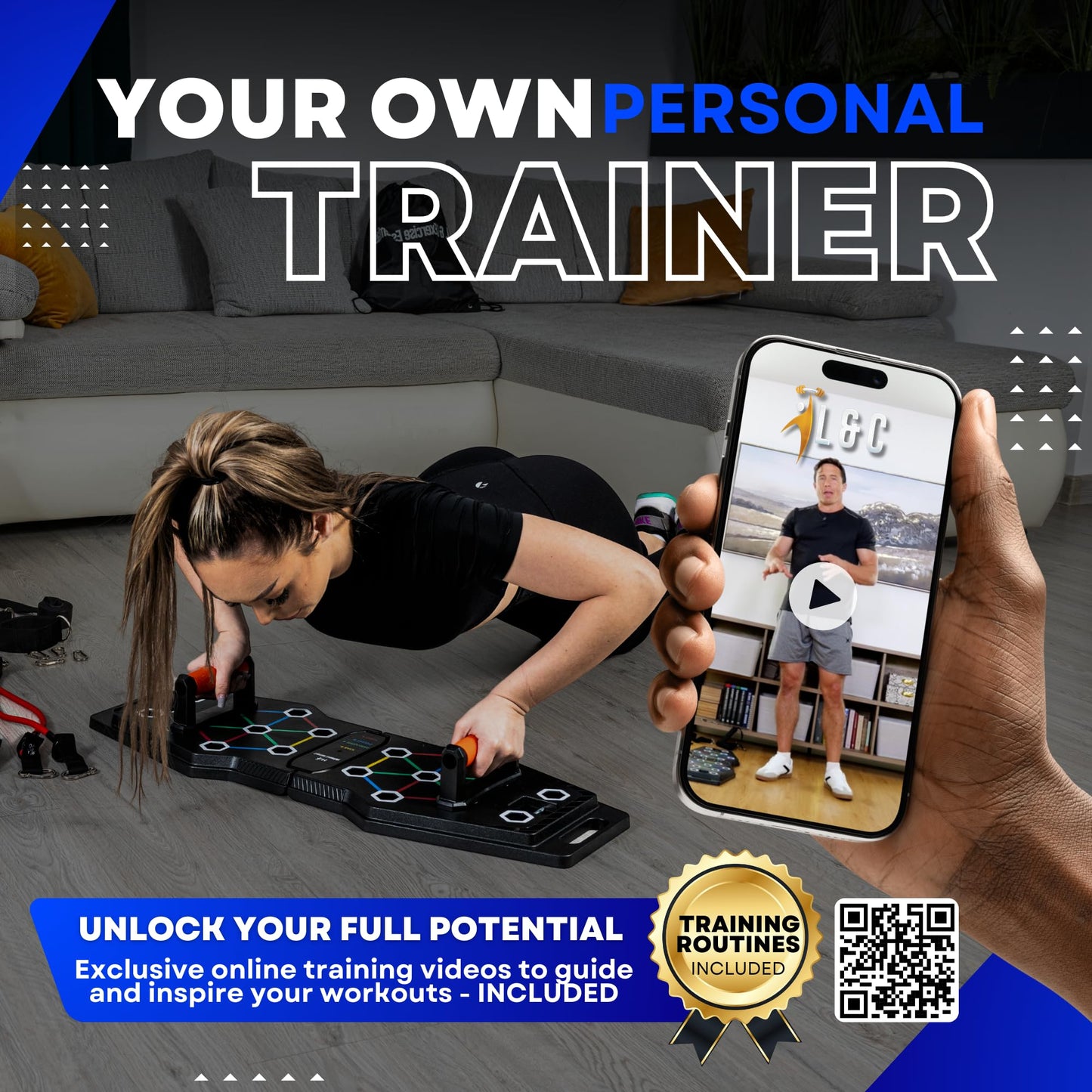 Push Up Board For Men, Push Up Board Home Gym - Portable, Joint Friendly, Fun & Motivating Home Workout Equipment with QR Code Guided Workouts - Ideal for Men, Women, Teens - L&C Exercise Essentials