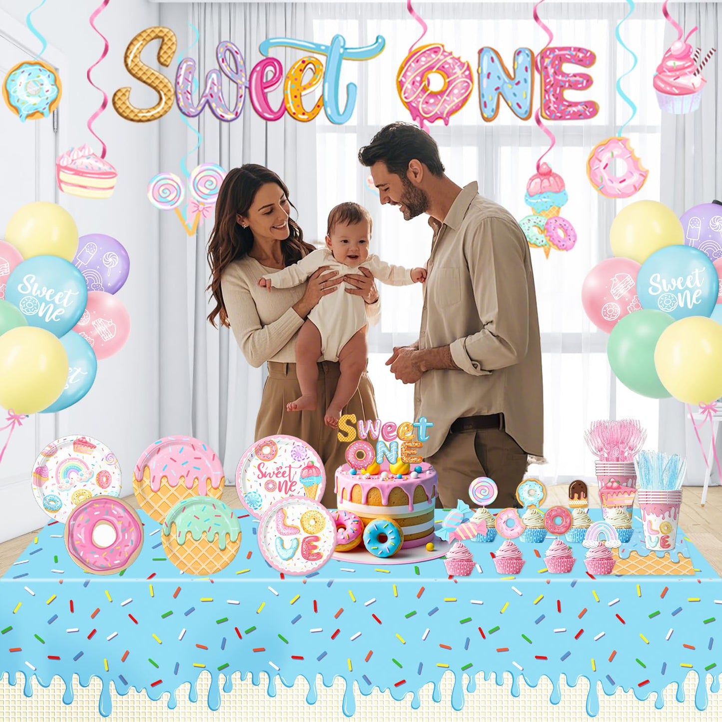 Sweet One Birthday Party Decorations Includes Plates, Napkins, Cups, Cutlery, Cake & Cupcake Toppers, Banner, Hanging Swirls, Tablecloth, Balloons for Girl Donut First Birthday Decorations, Serve 24