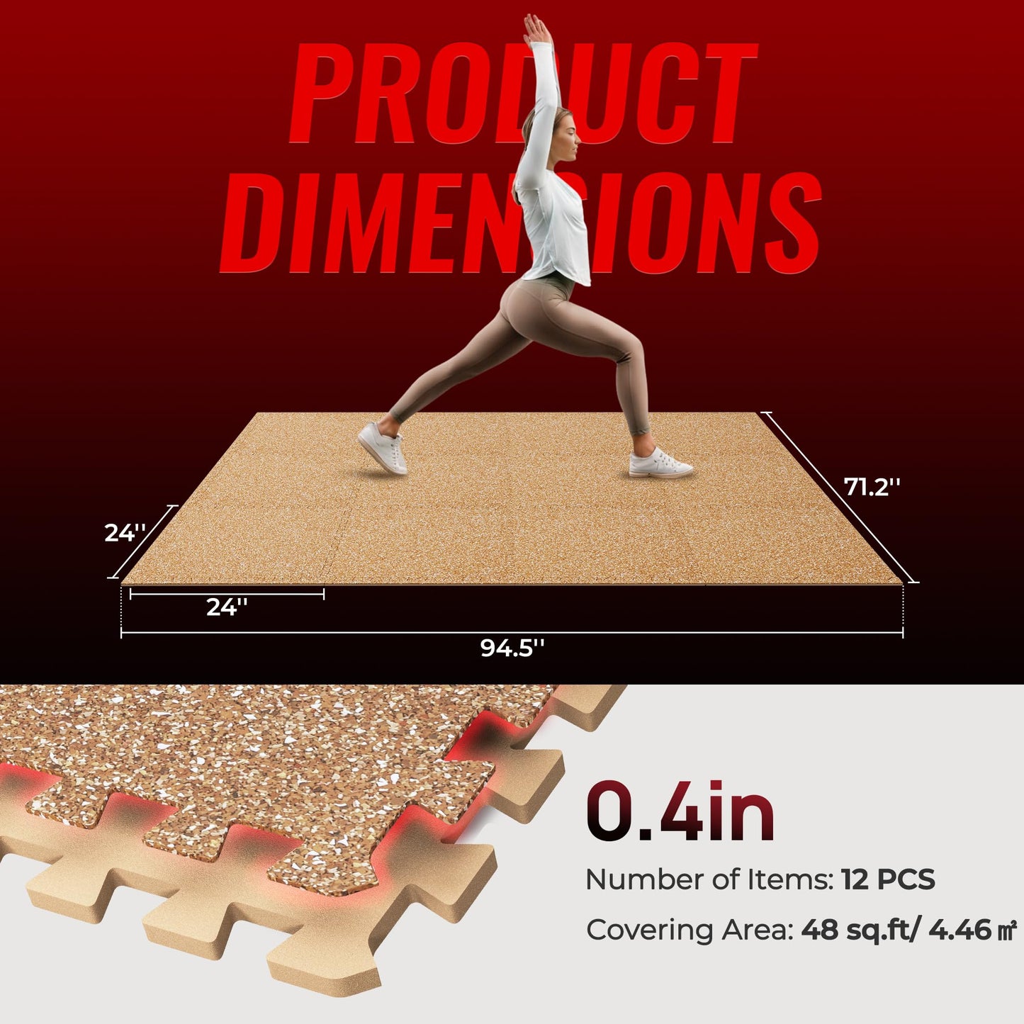 SUPERJARE 0.4'' Thick 12 Pcs 48 Sq Ft Rubber Top Exercise Equipment Mats, High Density EVA Foam Mats with Rubber Top, Interlocking Gym Flooring for Home Gym, Protective Workout Mat, Wood