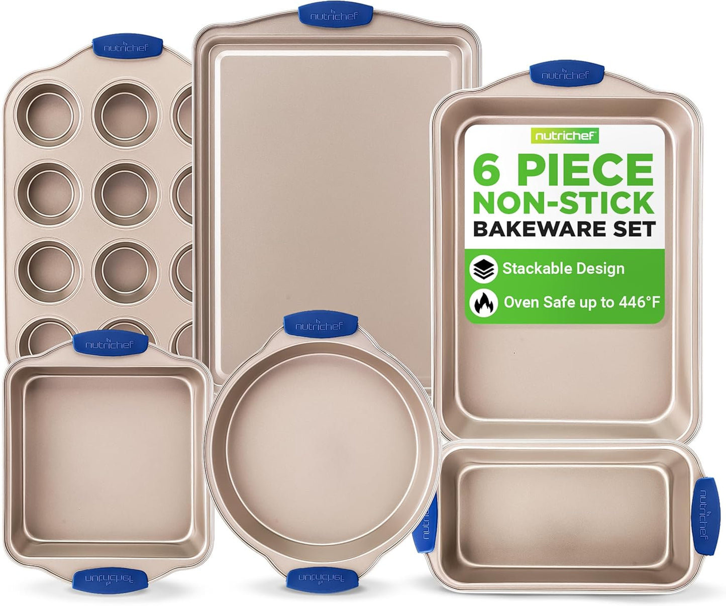 NutriChef 6-Piece Nonstick Bakeware Set | Premium Carbon Steel Baking Trays with Silicone Handles - Includes Loaf Pan, Muffin Pan, Round & Square Roasters, Cookie Sheet