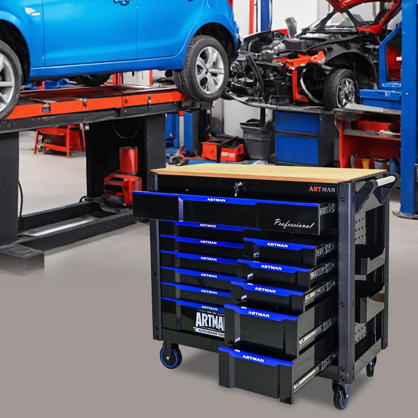 WIILAYOK Rolling Tool Chest on Wheels, Heavy Duty Metal Tool Cabinet Chest with 12 Drawers, Wooden Workbench Top, Large Tool Cart for Warehouse, Garage, Workshop, Repair Shop, Tool Organizer Chest