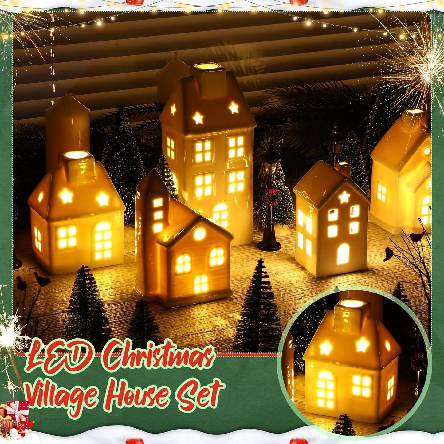 WinnerWhy Christmas Village House Set - 24 Pcs LED Lighted Mini Ceramic Ornaments for Festive Decor