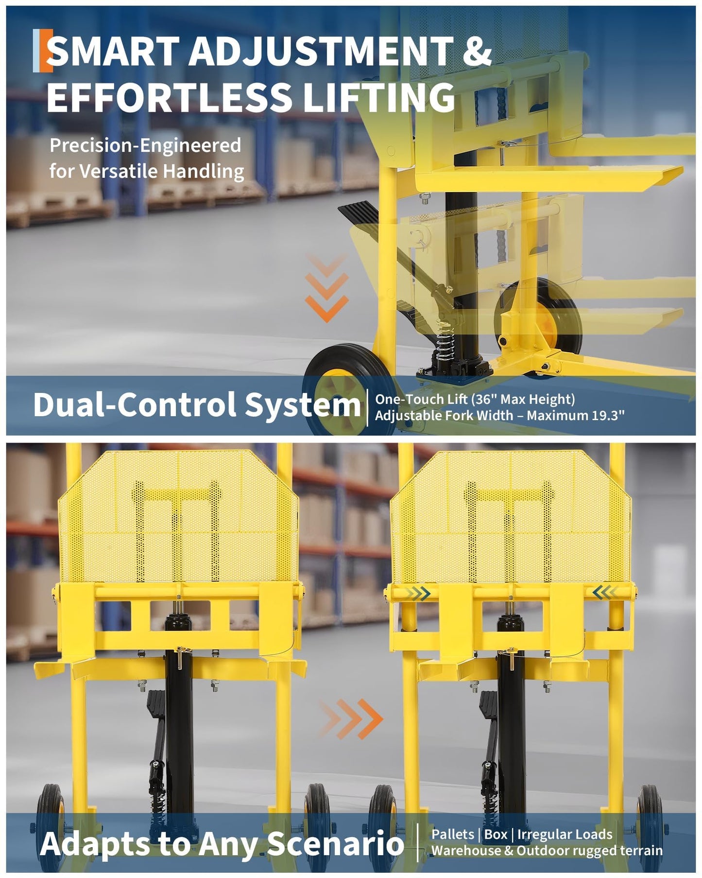 Hydraulic Material Lift and Pallet Stacker - 440 Lbs Capacity Manual Winch Stacker with 36 Inch Max Lift Height - Mobile Forklift Truck Dolly and Pallet Jack with Diamond Plate Steel Platform, Yellow