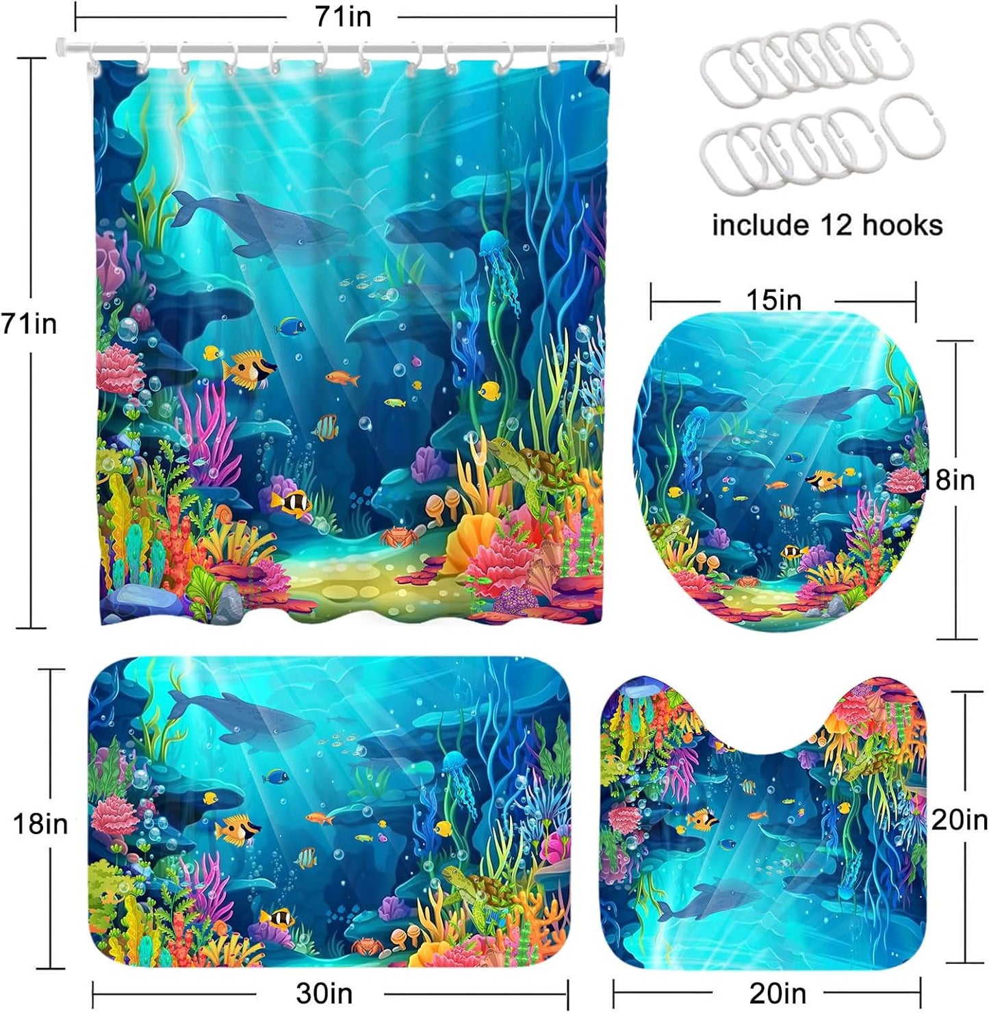 Skiennix 4-Piece Ocean Shower Curtain Set - Tropical Underwater Kids Decor with Non-Slip Bath Rugs & Toilet Lid Cover