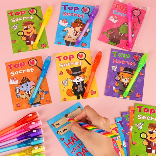 FLYSNK 24 Pack Valentines Day Gifts for Kids Classroom Invisible Ink Spy Pen with Animal Themed Cards Party Favors for School Exchange & Prizes for Boys Girls