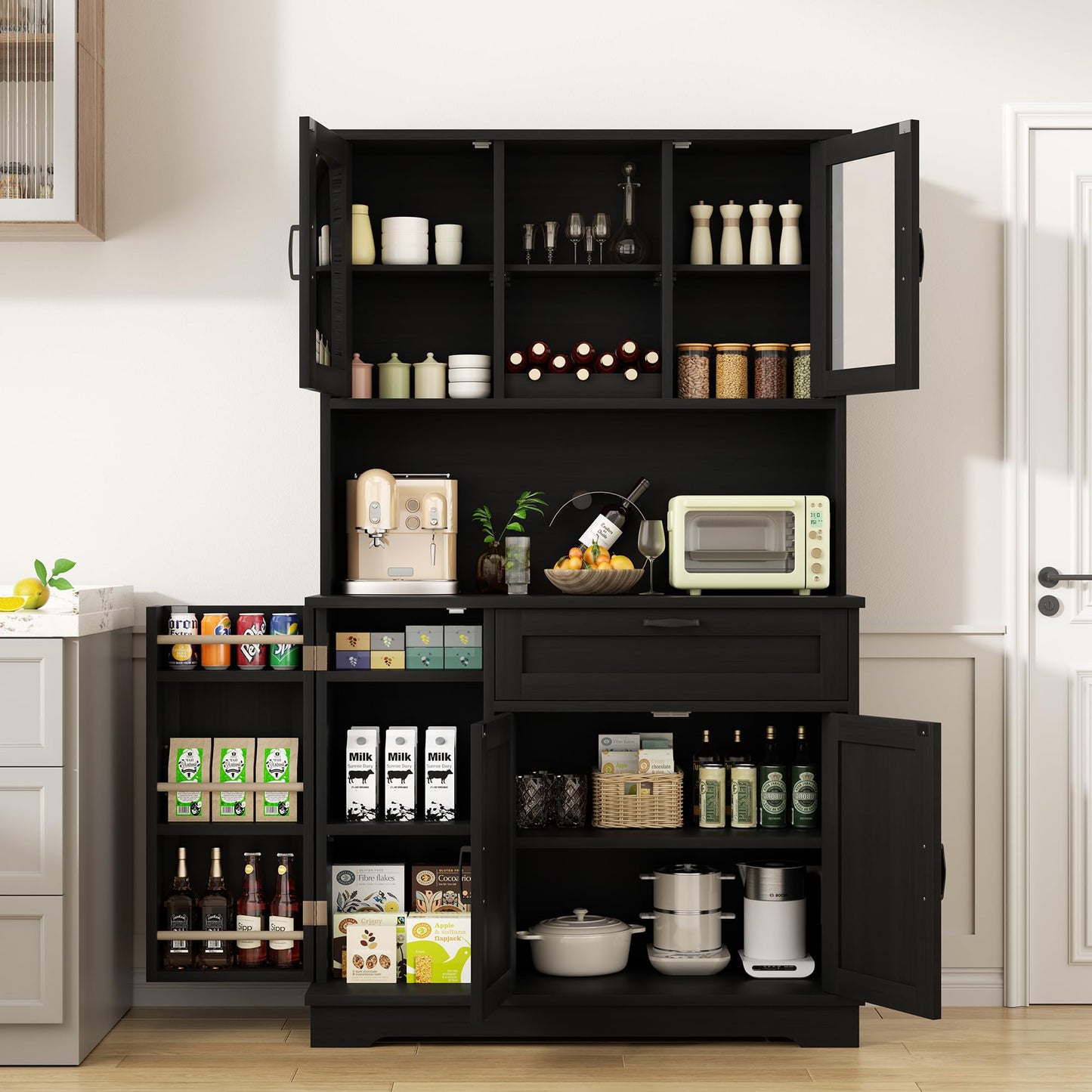 Shintenchi Kitchen Pantry Storage Cabinet, Freestanding Buffet Cabinet with Microwave Stand & 4 Door Shelves, Kitchen Hutch with Doors, Adjustable Shelves and Wine Rack, Black