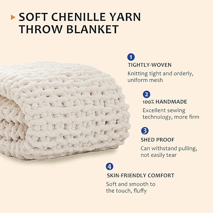 L'AGRATY Chunky Knit Blanket Throw: 80''x90'' Chenille Chunky Knitted Throw Blanket for Bed Couch - Handmade Thick Big Cable Knit Blanket - Large Crochet Rope Blankets for Home Decor(Ivory)