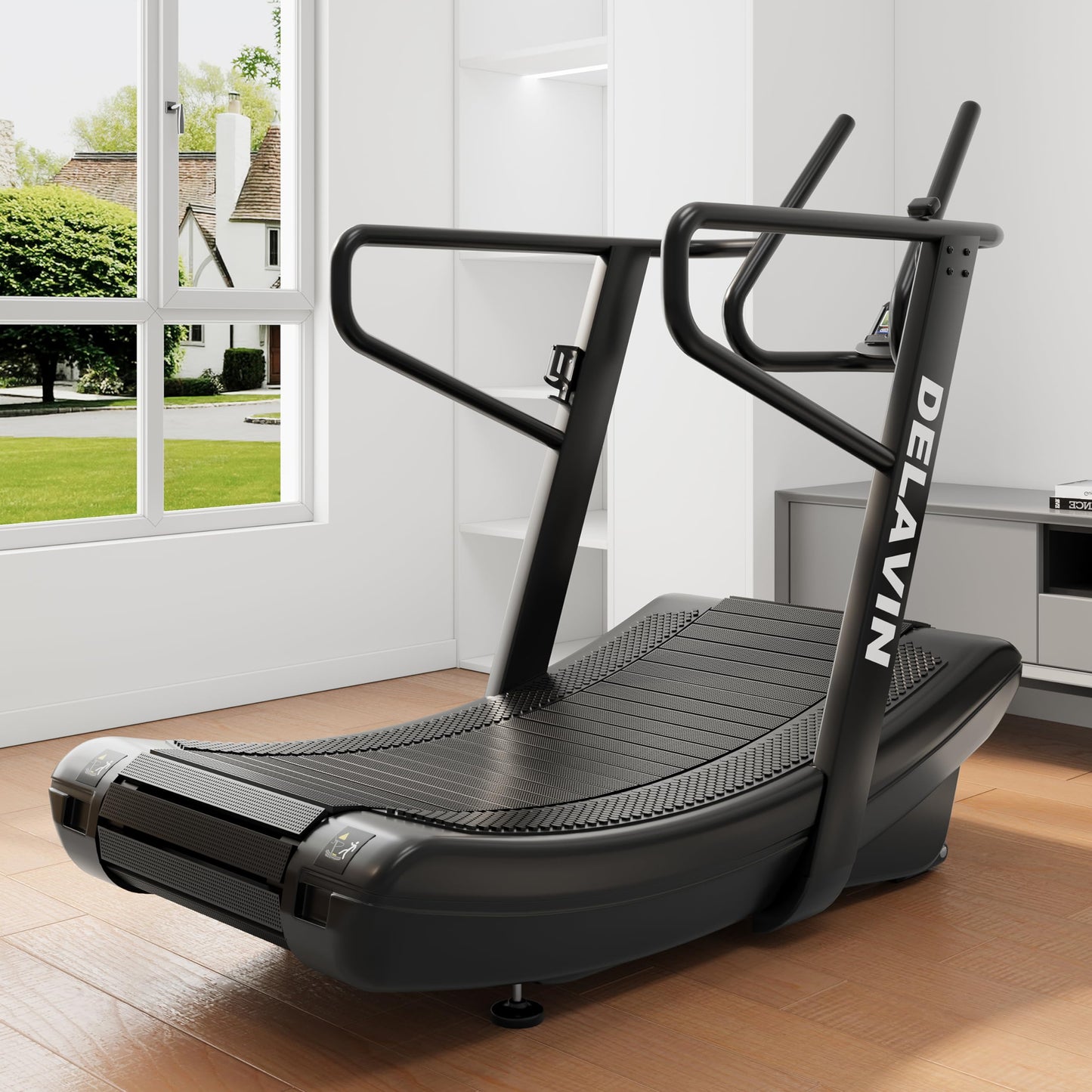 DELAVIN Curved Manual Treadmill, Non Electric Treadmill with 4 Resistance Levels, Motorless Treadmills with Front Digital Display and Handlebar, Wide Belt Treadmills 440LBS Capacity for Home Gym(FBA)