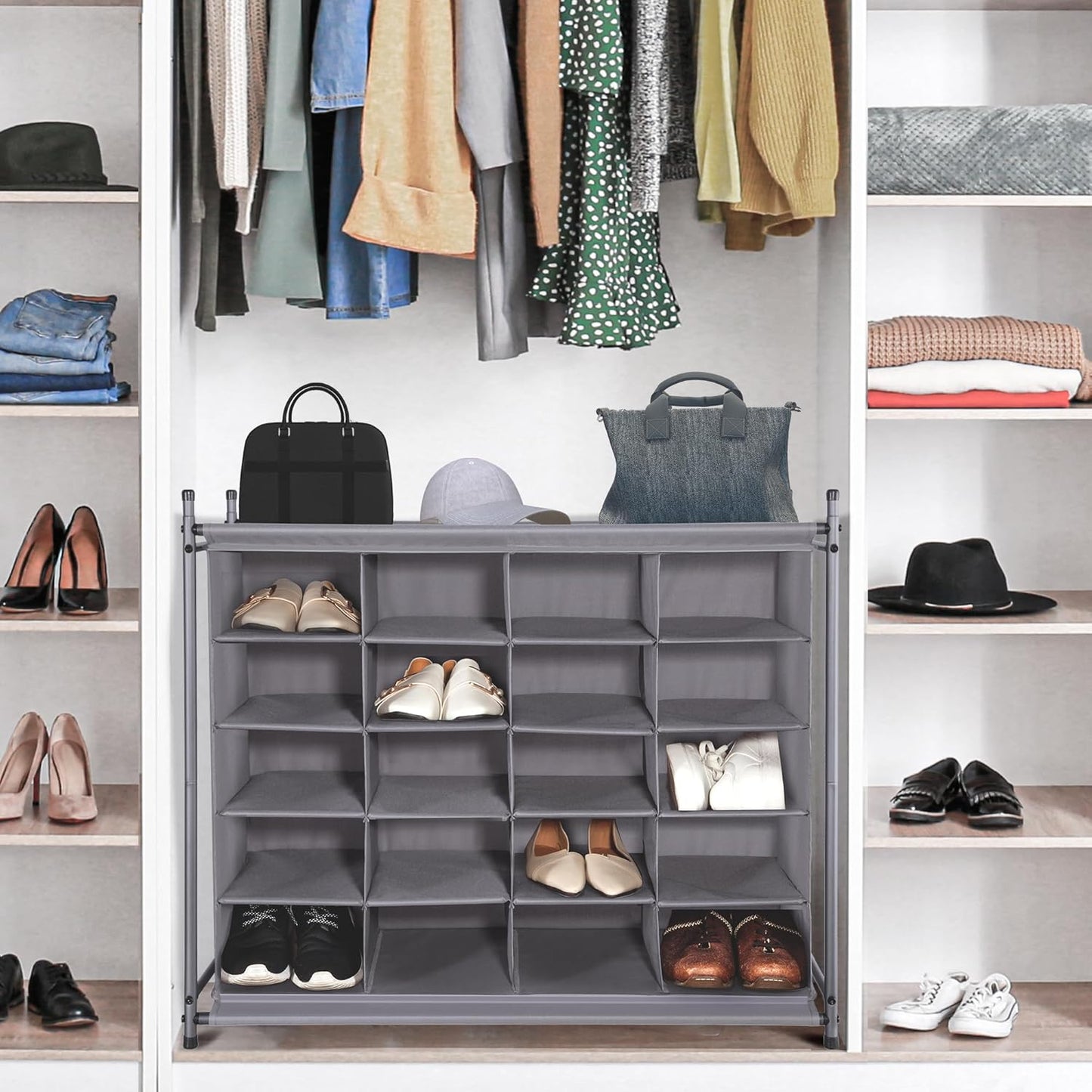 Storage Maniac Stackable Shoe Cubby Organizer - 20-Cube Gray Free-Standing Rack for Entryway & Closet