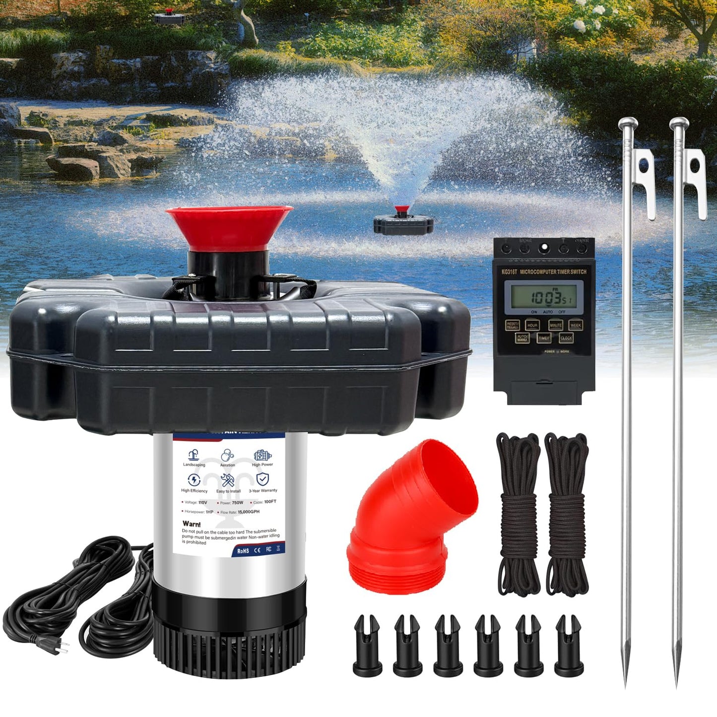 Pond Fountain Aerator Pump, 1HP 110V 15,000 GPM Pond Fountain, pond aerator, 15 Amp/100-foot Power Cord, Timer Controller, Suitable for Pond and Lake Aerator Pumps