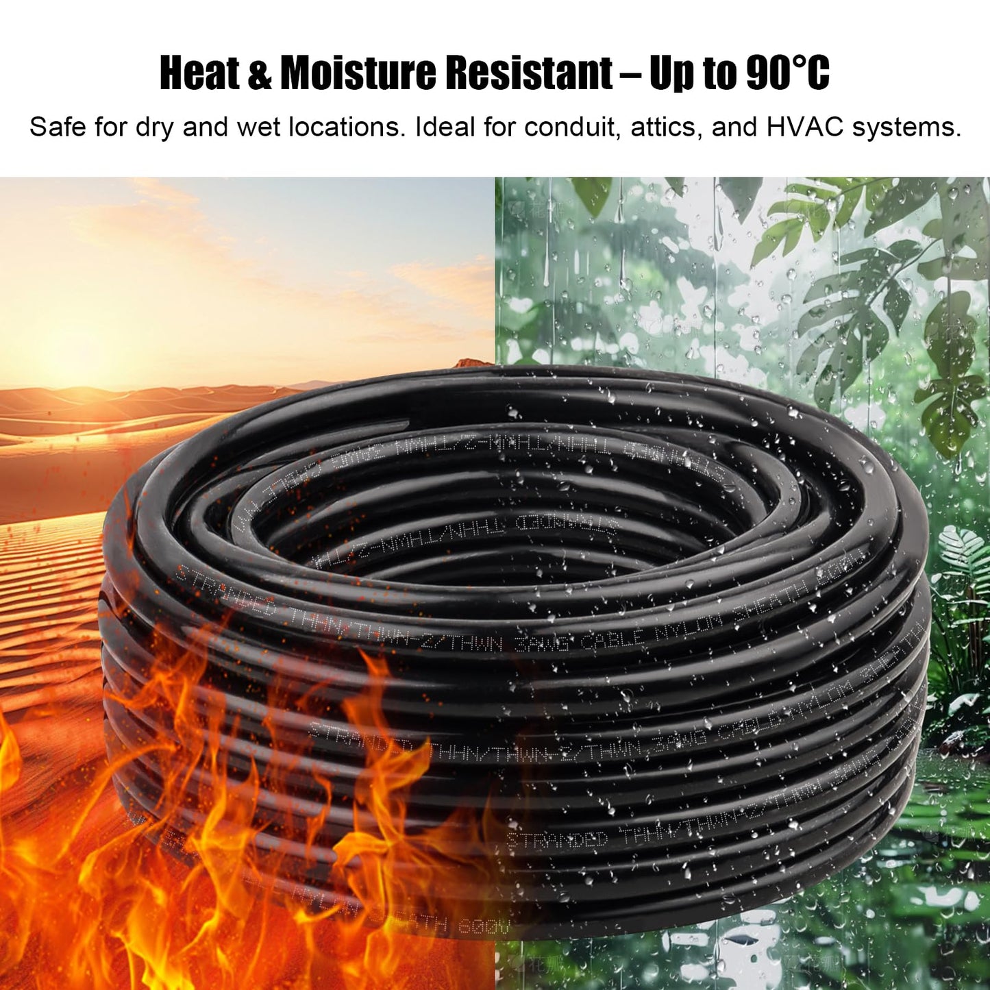XRDS -RF THHN Wire 50FT, 3AWG Stranded Copper THHN Electrical Wire, Black Nylon-Coated Thermoplastic Insulated Cable for Indoor Conduit Wiring, 600V Rated