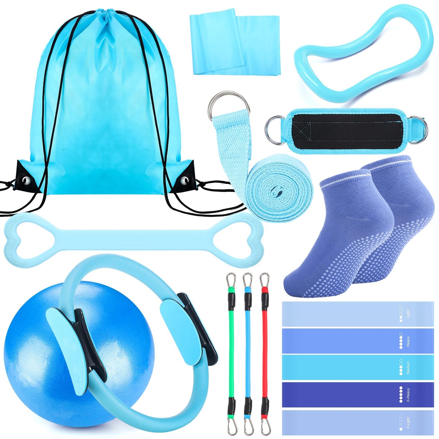 RoundFunny Pilates Ring Circle Set 18 Pcs Exercise Equipment Accessories for Women Workouts Pilates Ball Stretching Strap Magic Circle Yoga Ring Gym Back Bag Resistance Band Anti Slip Socks (Blue)
