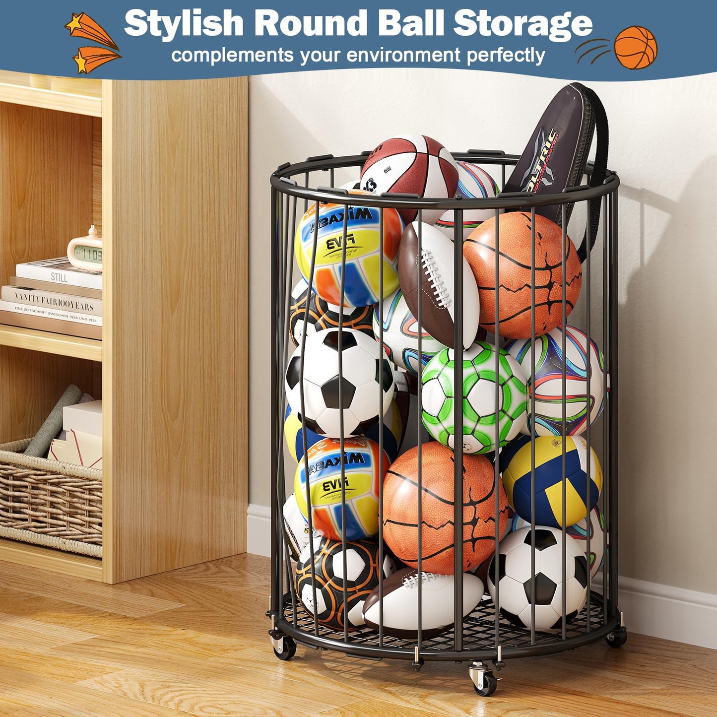 Hencawima Garage Ball Storage: Round Sports Equipment Organizer with Wheels, Sports Ball Rack With Elastic Rope, Ball Holder for Basketball, Soccer, Volleyball, Football, Garage, Gym, Outdoor (Black)
