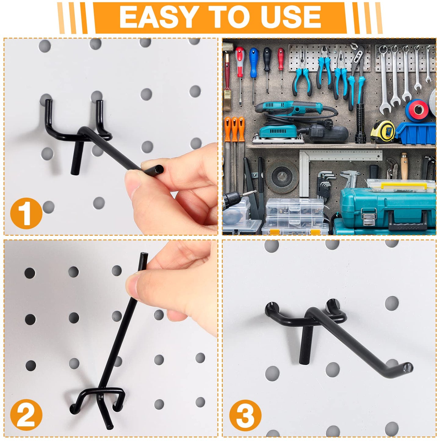Shimeyao 100 Pcs Peg Board Shelving Hooks Stainless Steel Hanging Board Pegs Wall Display Hooks Bulk for 1/8 1/4 Garage Storage Organizer Accessories (4 Inch,Black)