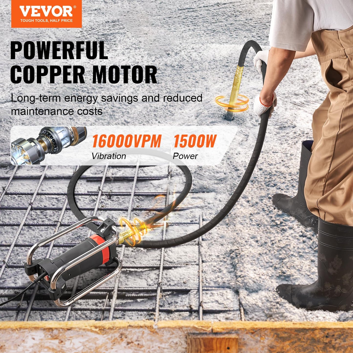 VEVOR Concrete Vibrator, 1300W Power, 16000 Vibrations Per Minute, Durable 2HP Copper Engine, Portable for Construction, Comes with 14.75ft Shaft, Ideal for Removing Air Pockets & Smoothing