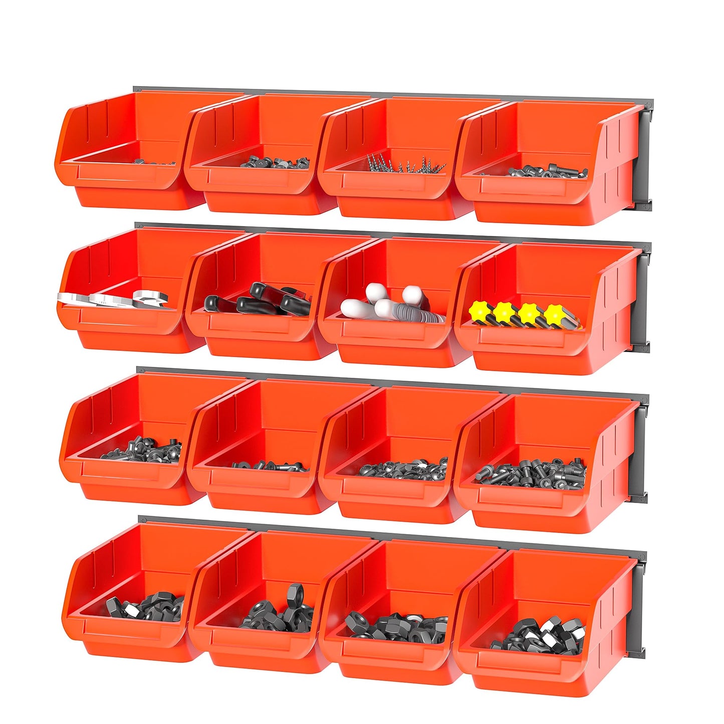 Ultrawall Wall Mounted Storage Bins, Plastic Hanging Storage Organizer Bins, Garage Tool Storage System for Screws, Nuts, Bolts, Nails, and Small Hardware Parts, 16x bins & 4 x rails, Orange
