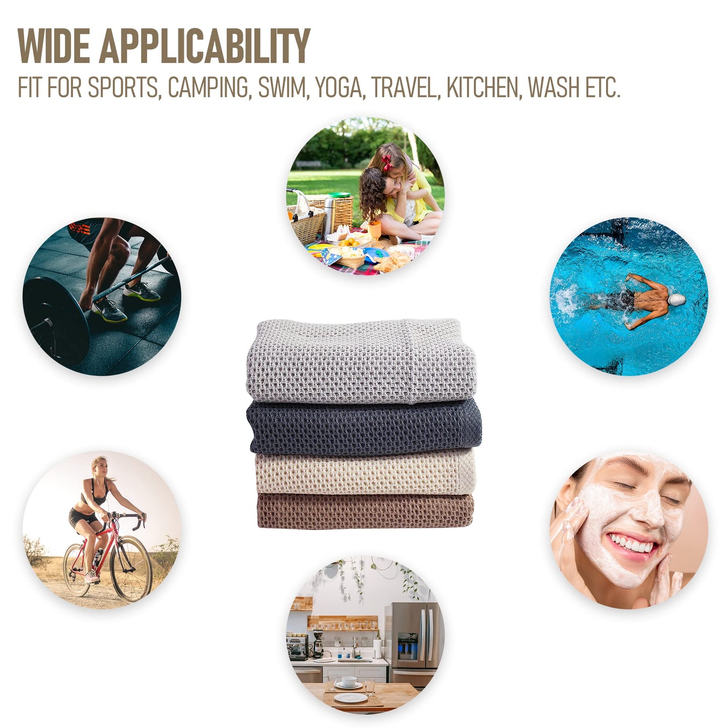 LXMOJITU 4Pack Cotton Gym Towels (13.7" x 27.5"), Yoga Sports Towel with Cool Waffle Pattern, Soft Breathable Absorbent for Neck, Face, Gym, Running, Workout, Kitchen