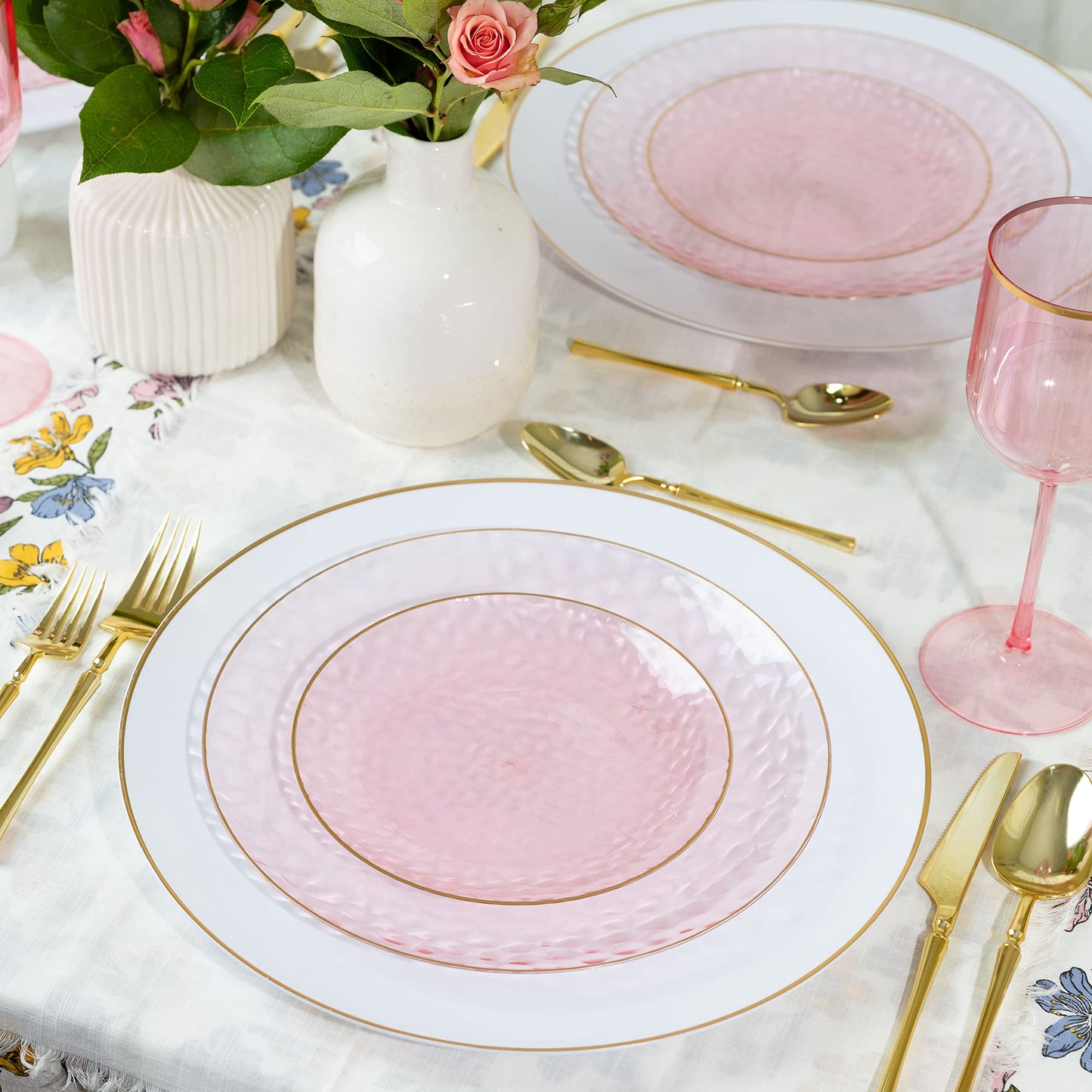 PLASTICPRO 128 Piece Combo Plates Set includes 64-7'' inch Plate & 64-10'' inch Plates Pink Hammered Plastic Party Plate Premium heavyweight Elegant, Disposable, Tableware, Dishes,