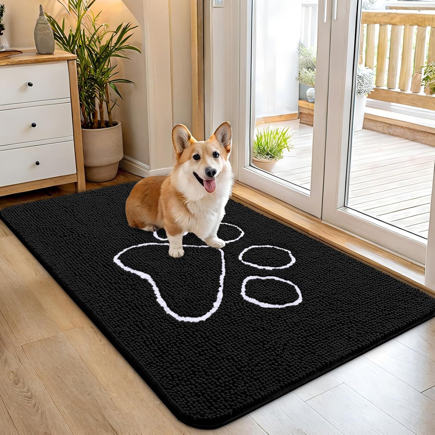 OLANLY Dog Door Mat - Absorbent Non-Slip Mud Mat for Muddy Paws | 45x27 Inches, Black Paw Print Design