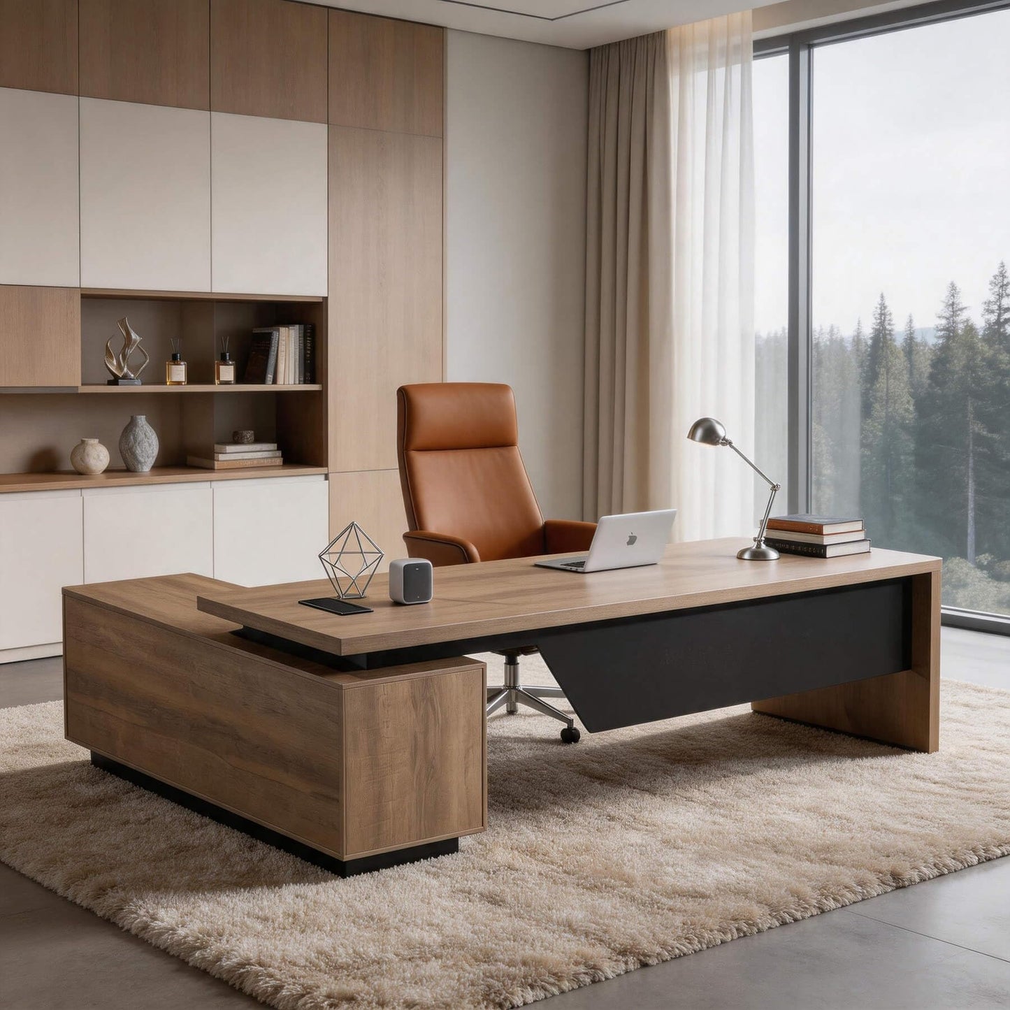 ONNAHOMEStlyle L Shaped Desk with File Drawer, Solid Wood Large Executive Desk for Home Office, Adjustable Width (86.6" to 94.5"), Storage Cabinet & 2 Drawers, Right Return