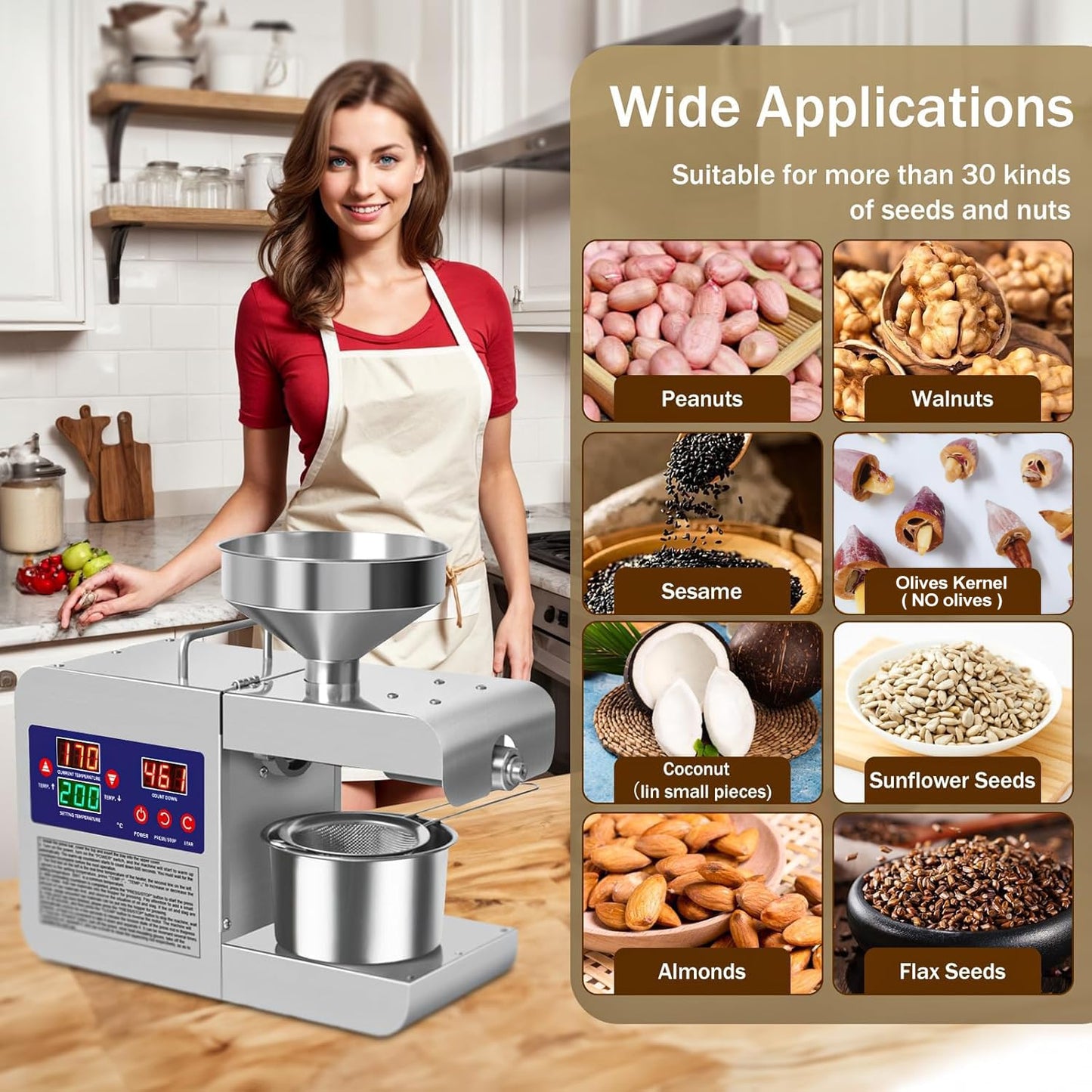 Rkazes Oil Press Machine, 820W Home Commercial Automatic Oil Press Extractor, Steel Stainless Electric Cold & Hot Press Oil Expeller for Peanut Sesame Soybean Sunflower Seeds Walnuts