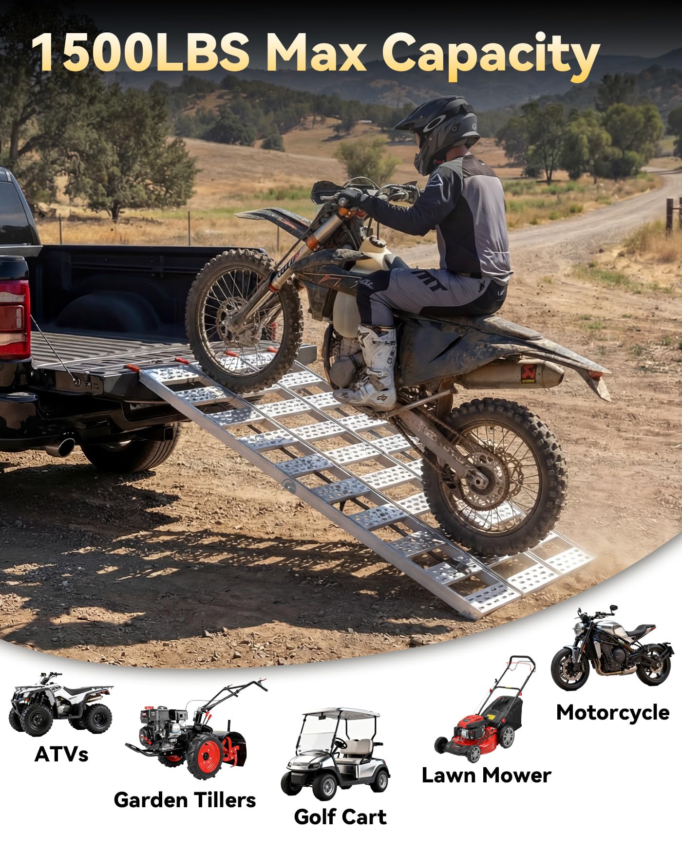 KOLOTOOL Tri-Fold Aluminum Loading Ramp for Pickup Trucks & Trailers, 1500 lbs Capacity Folding Ramp for Motorcycles, ATV, Lawn Mowers, Small Tractors & Golf Carts, 76''L × 50''W, Anti-slip Rust-proof