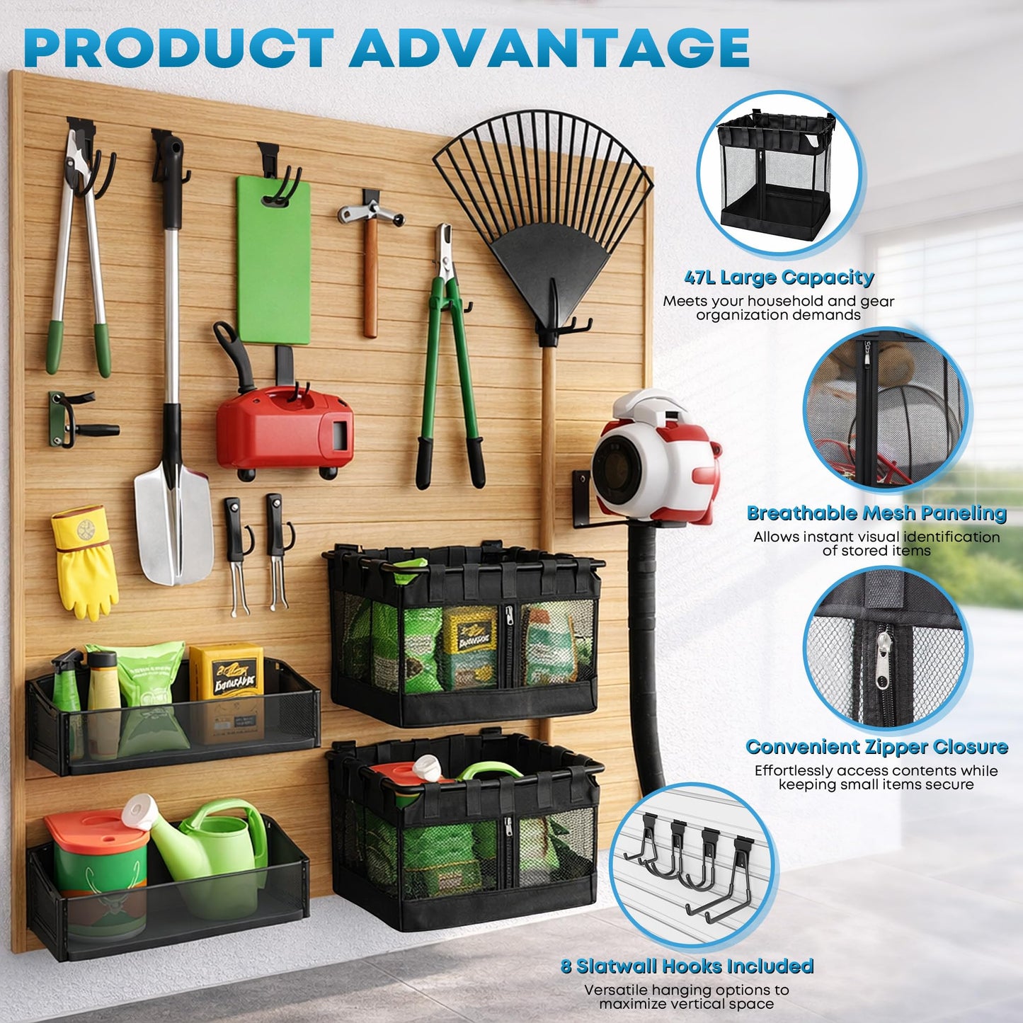 NUMAKY 10PCS Slatwall Accessories Kit, Includes 2 Large Mesh Slatwall Baskets with Zipper & 8 Heavy Duty Multifunctional Hooks, for Sports Equipment, Tools & Garage Organization