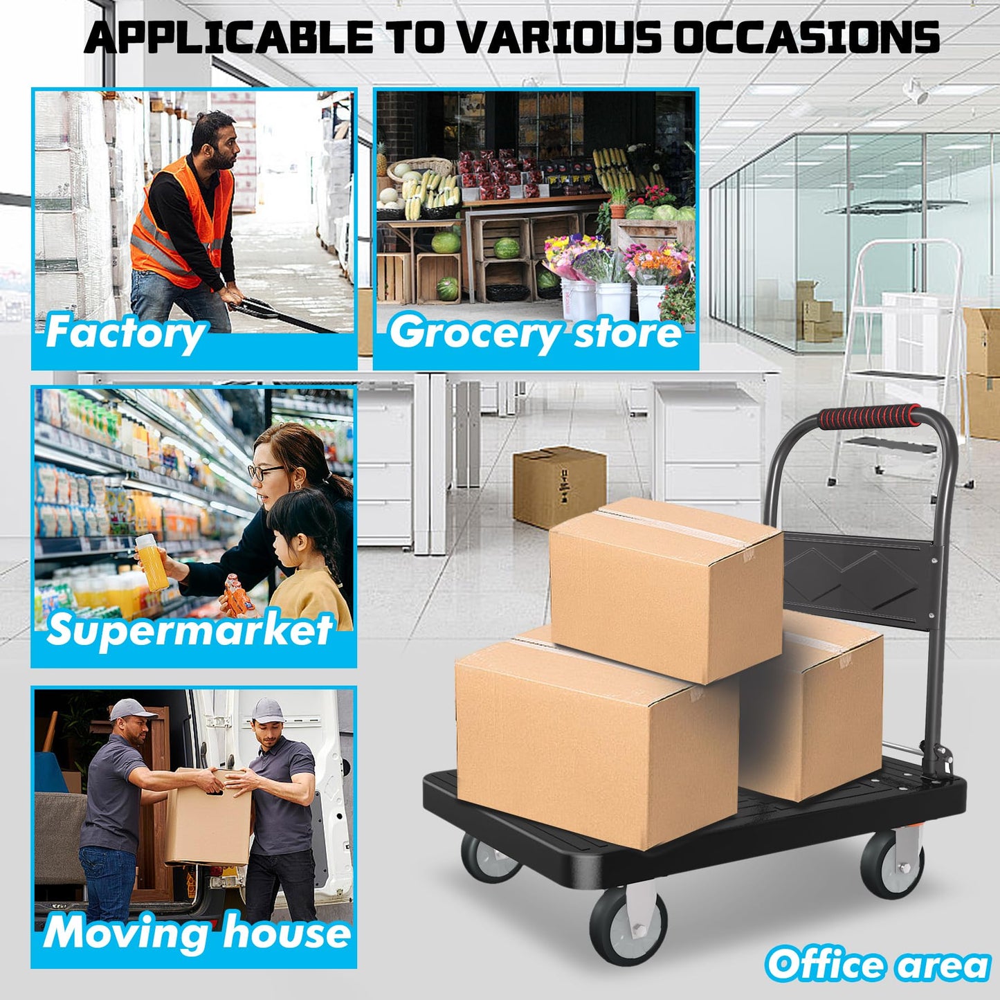 Platform Truck, Foldable Handcart with Swivel Wheel 34"x22" Heavy-Duty Push Dolly Cart,1000lbs Capacity, 6 Steel Load-Bearing Beams for Warehouse Garage Home Use