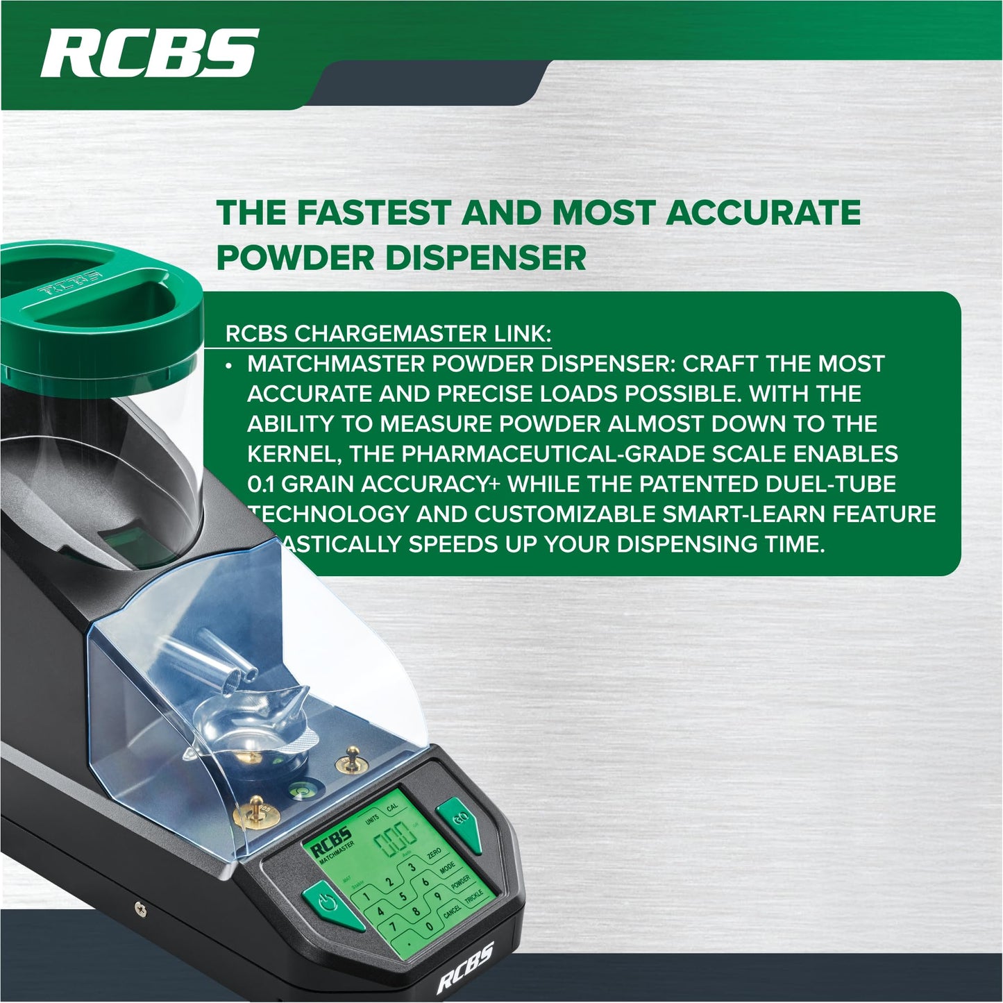 RCBS MatchMaster Powder Dispenser – Dual Tube Technology – 0.04 Grain Accuracy – Black/Green