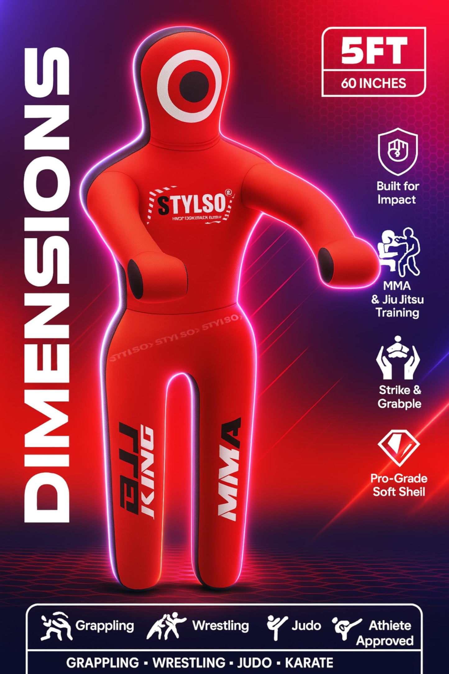 Unfilled Grappling Dummy – Adult Life Size Wrestling & BJJ Training Dummy, MMA Jiu Jitsu Judo Takedown & Throwing Practice, Heavy-Duty Triple-Stitched Canvas Submission Dummy (Red, 5ft / 60")