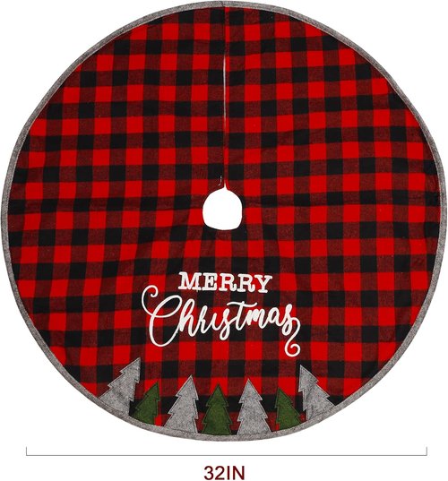 Juegoal 32-Inch Christmas Tree Skirt - Soft Red and Black Plaid Mat for Festive Holiday Decor