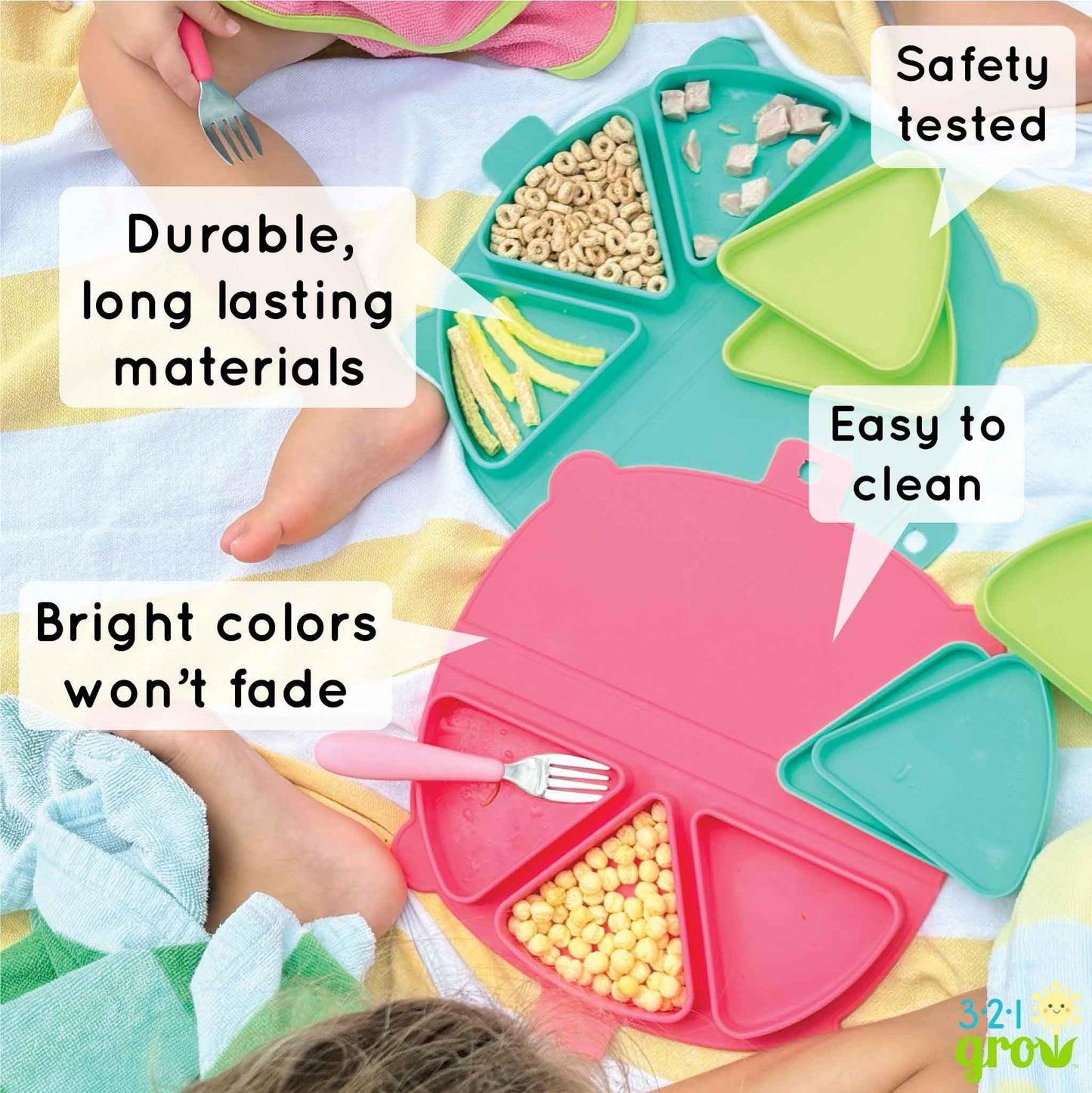 321 Grow Silicone On-The-Go Snack Mat – Foldable Reusable Placemat with 3 Compartments and Lids – Travel-Friendly Baby and Toddler Snack Plate – Dishwasher Safe (Aqua)
