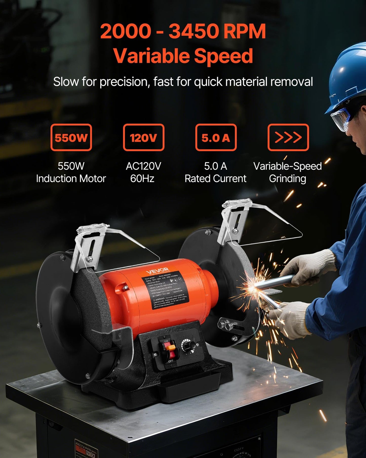 VEVOR Bench Grinder, 8-inch Variable Speed Bench Grinder, 2000-3450RPM Table Grinders with 550W 5.0A 3/4Hp Induction Motor, 36/60-Grit Grinding Wheel & Adjustable Eye Shield for Sharpening Grinding