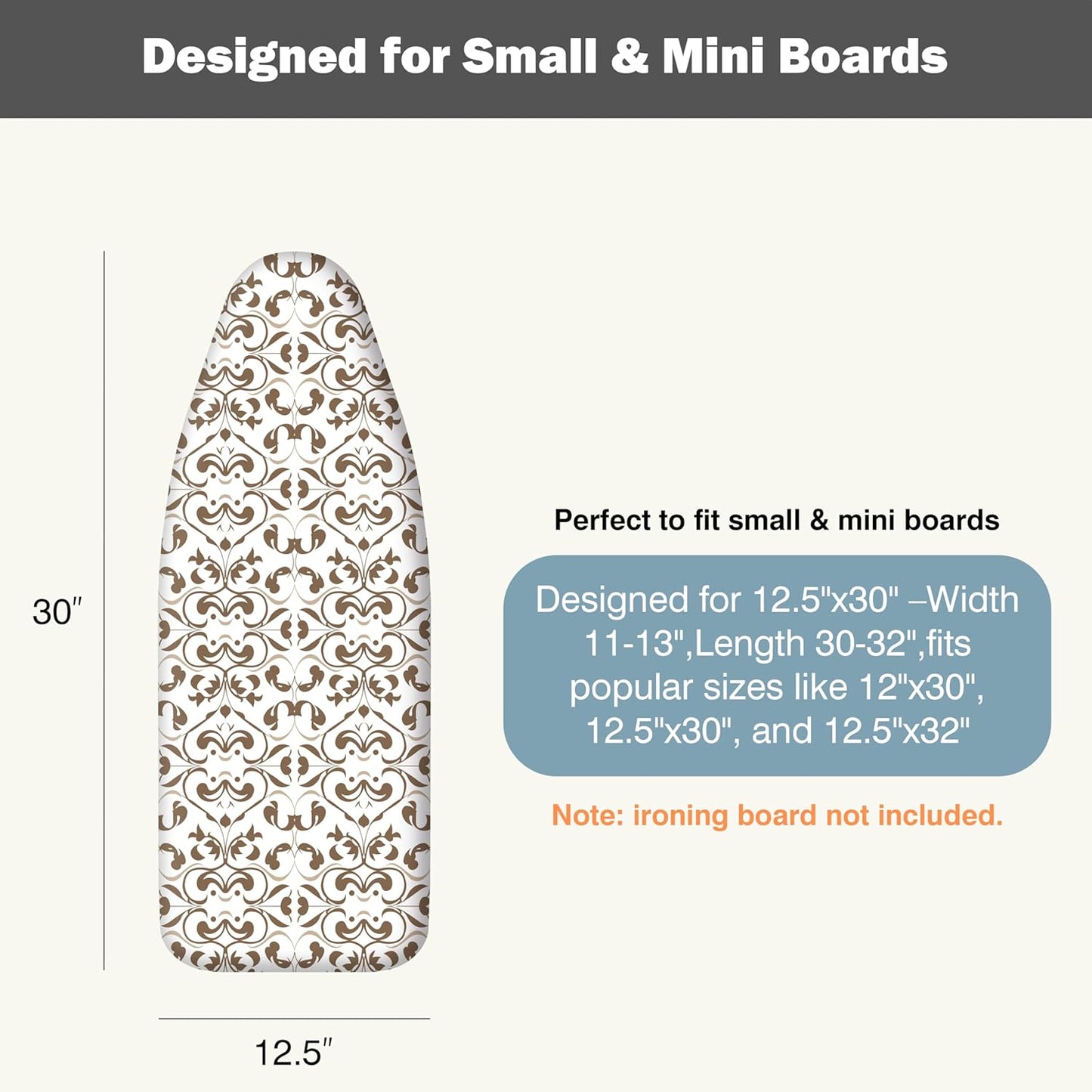 UniSimp Small Ironing Board Cover - Heat Resistant Cotton Canvas Pad | 12.5"x30" Taupe Design